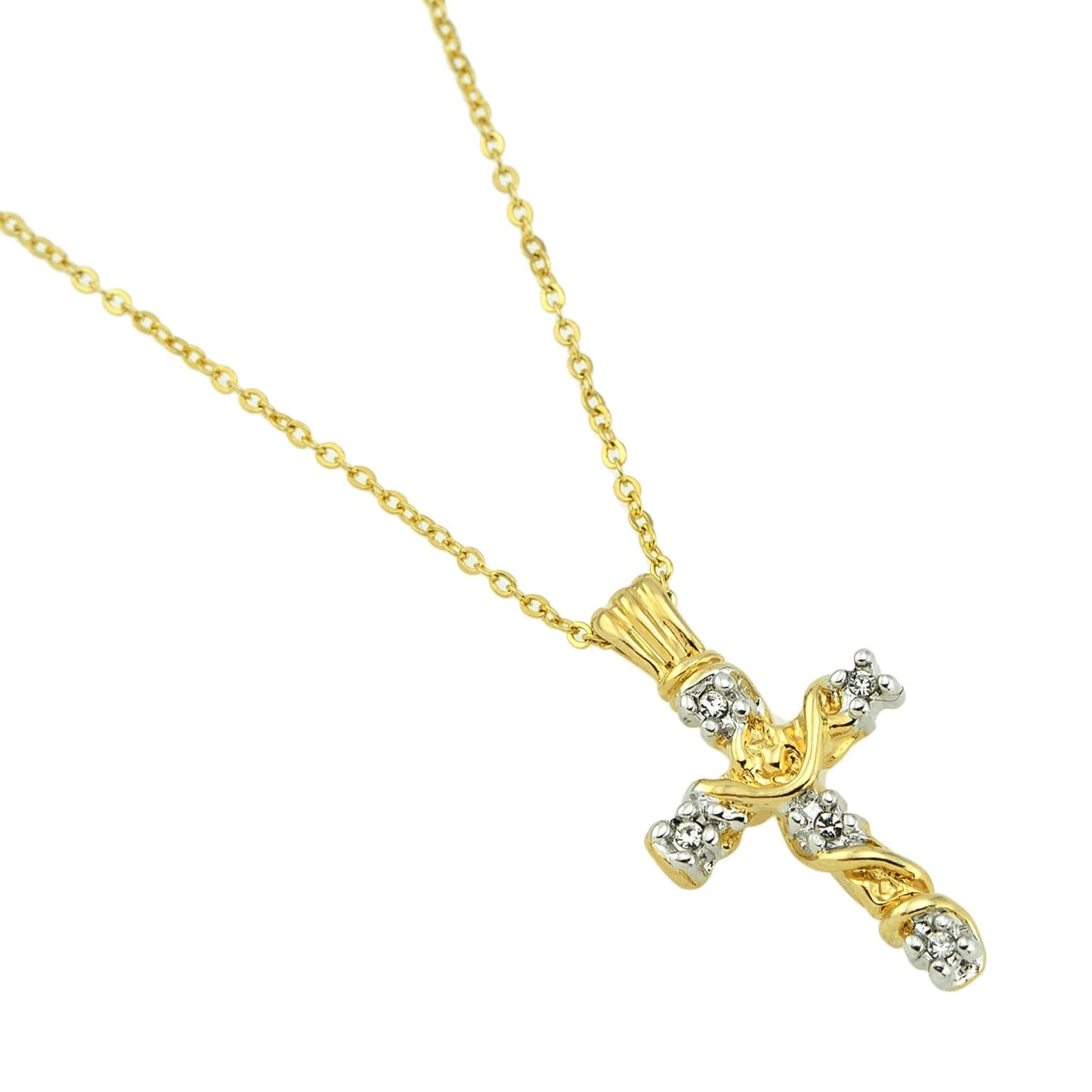Vintage Cross Pendant with Clear Swarovski Crystals 16 Inch Two Tone Gold Plated Pendant Necklace #N624-YW