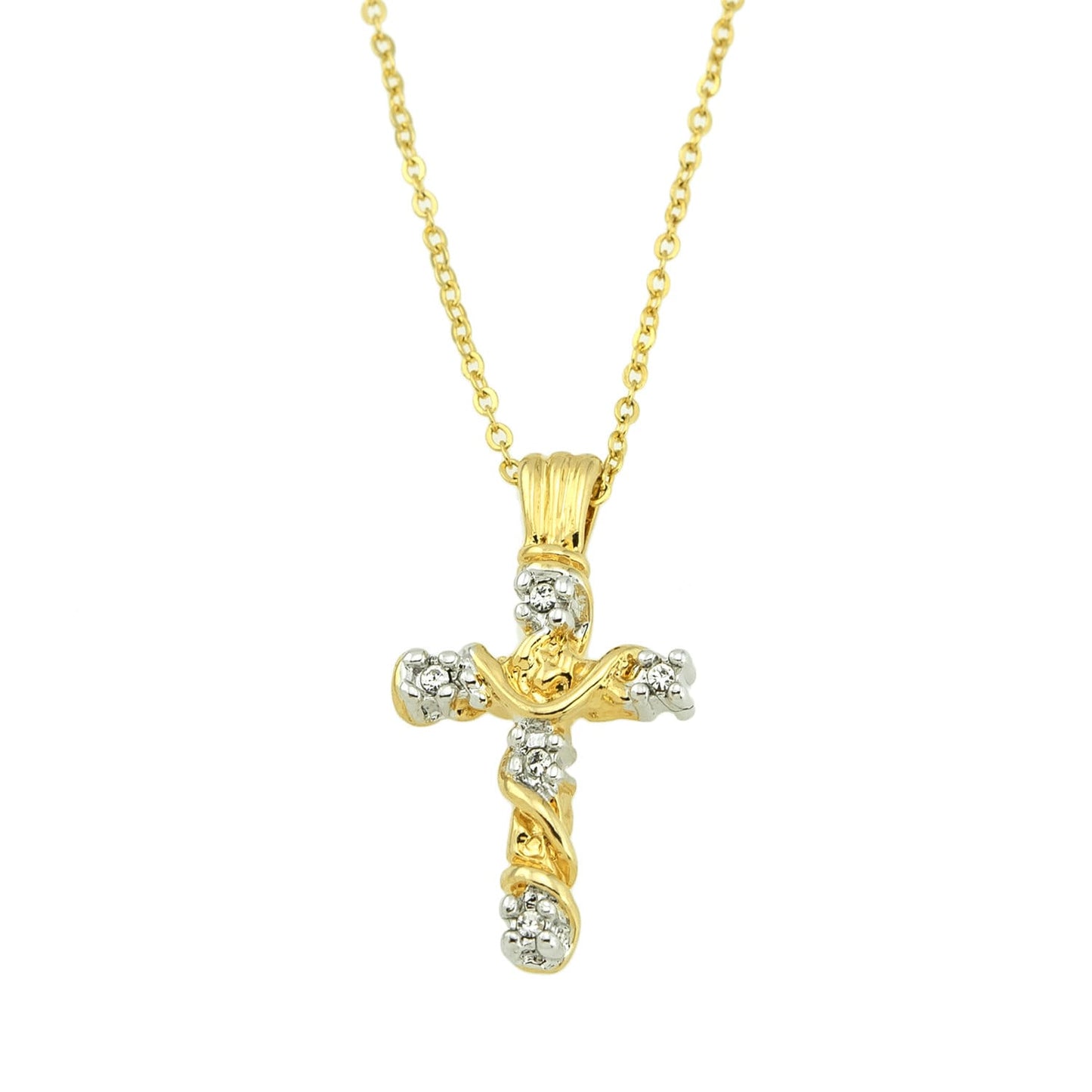 Vintage Cross Pendant with Clear Swarovski Crystals 16 Inch Two Tone Gold Plated Pendant Necklace #N624-YW