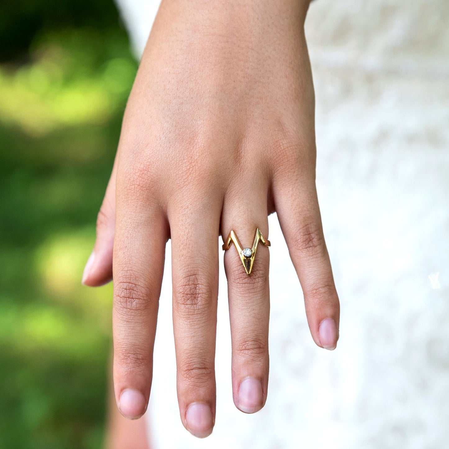 A Vintage 1980s Cubic Zirconia Ring V Shaped 18k Yellow Gold Electroplated MidCentury Modern Boho Womans Rings Jewelry April #R1093