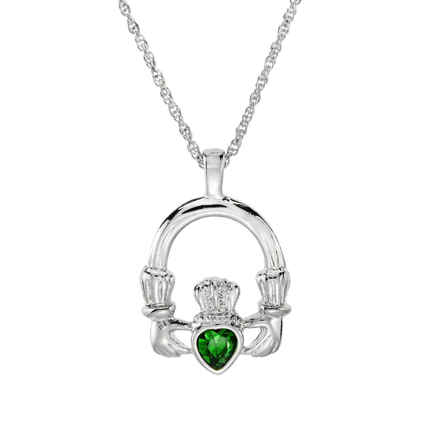 Vintage Claddagh Necklace Green Tourmaline Swarovski Heart Crystal 18k White Gold Silver Made in the USA N3099