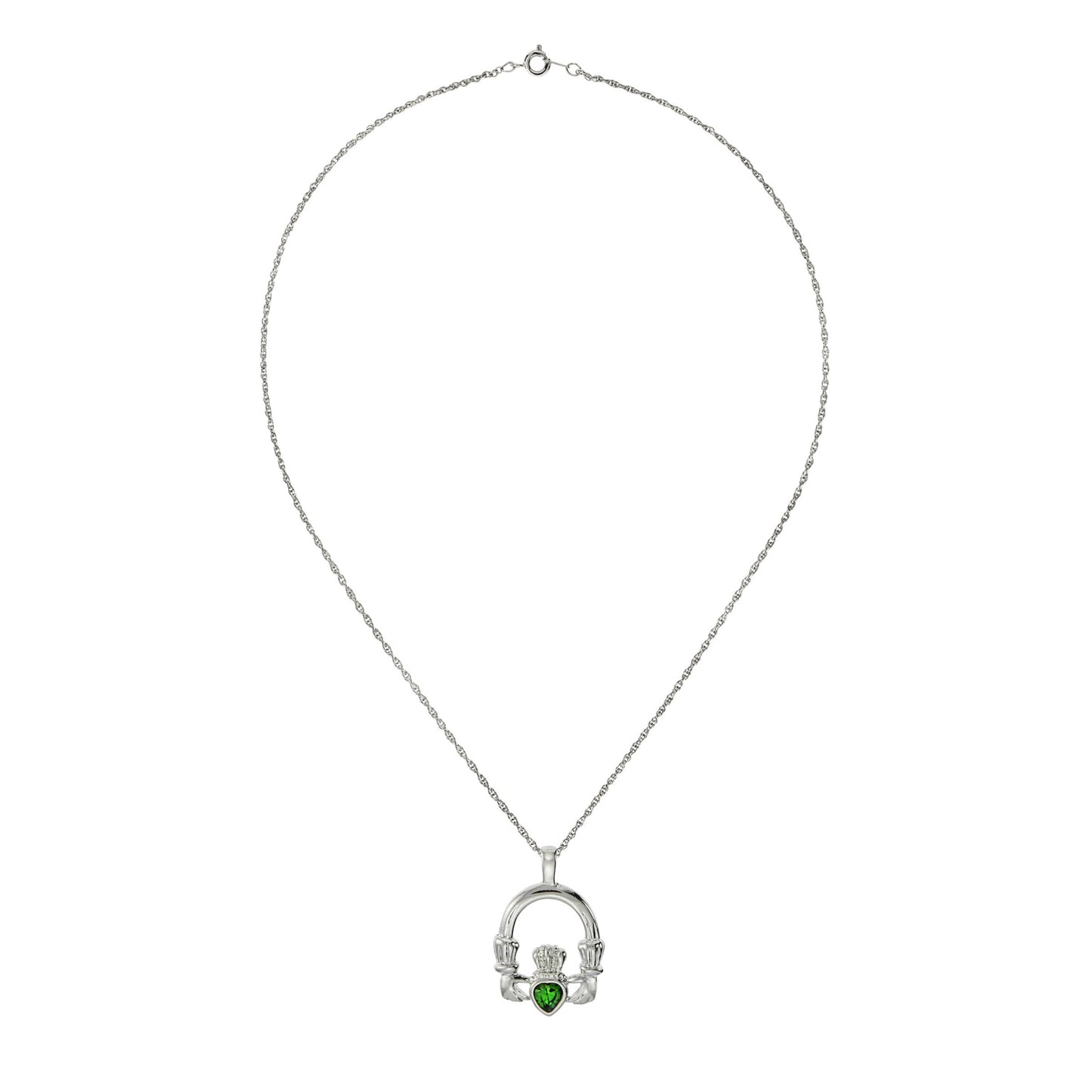 Vintage Claddagh Necklace Green Tourmaline Swarovski Heart Crystal 18k White Gold Silver Made in the USA N3099