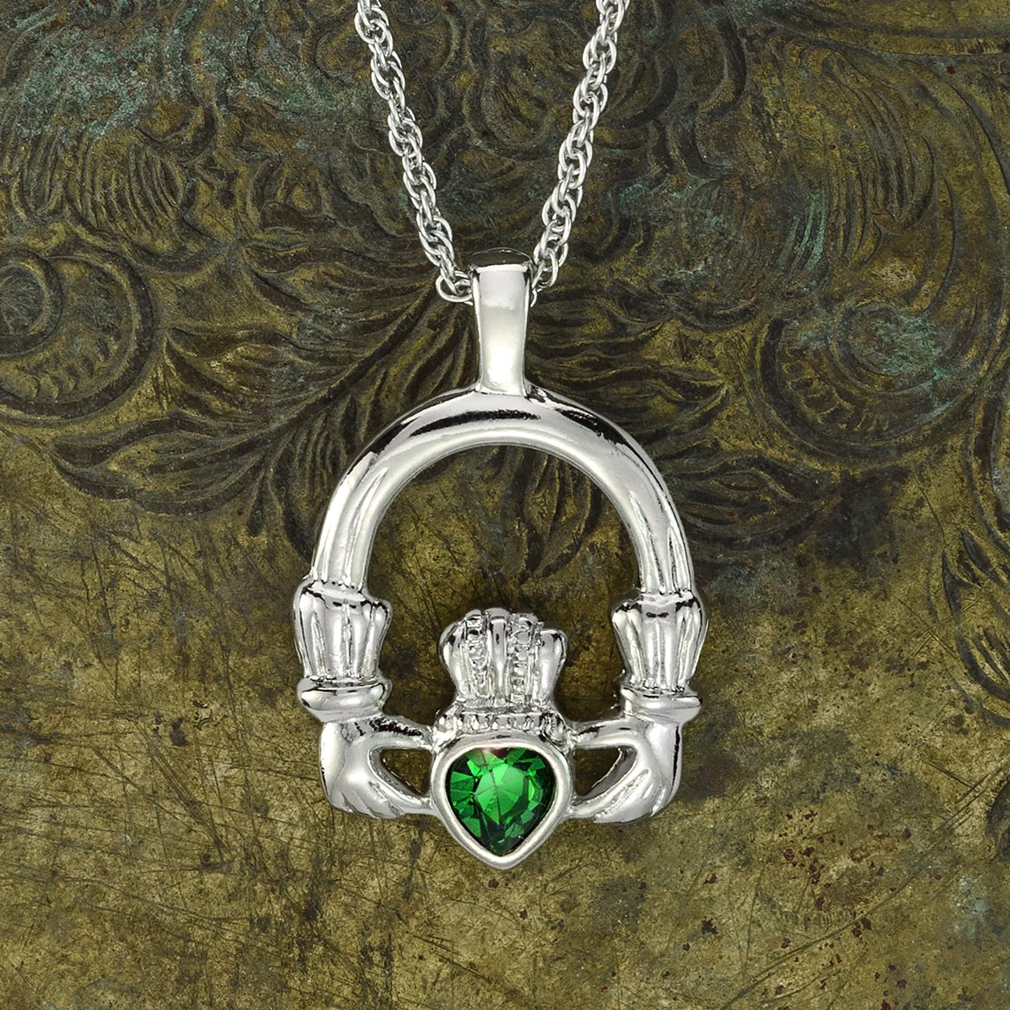 Vintage Claddagh Necklace Green Tourmaline Swarovski Heart Crystal 18k White Gold Silver Made in the USA N3099