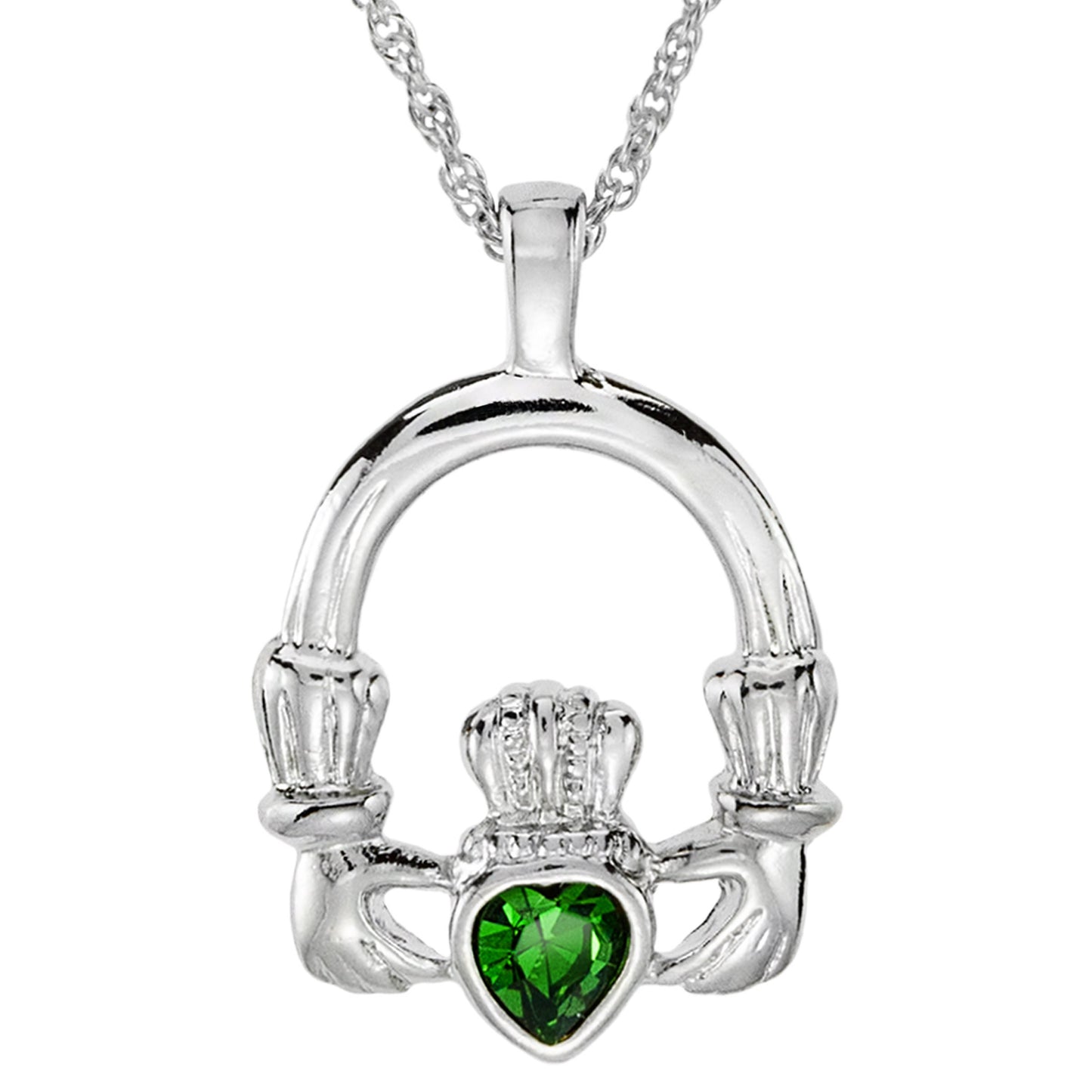 Vintage Claddagh Necklace Green Tourmaline Swarovski Heart Crystal 18k White Gold Silver Made in the USA N3099
