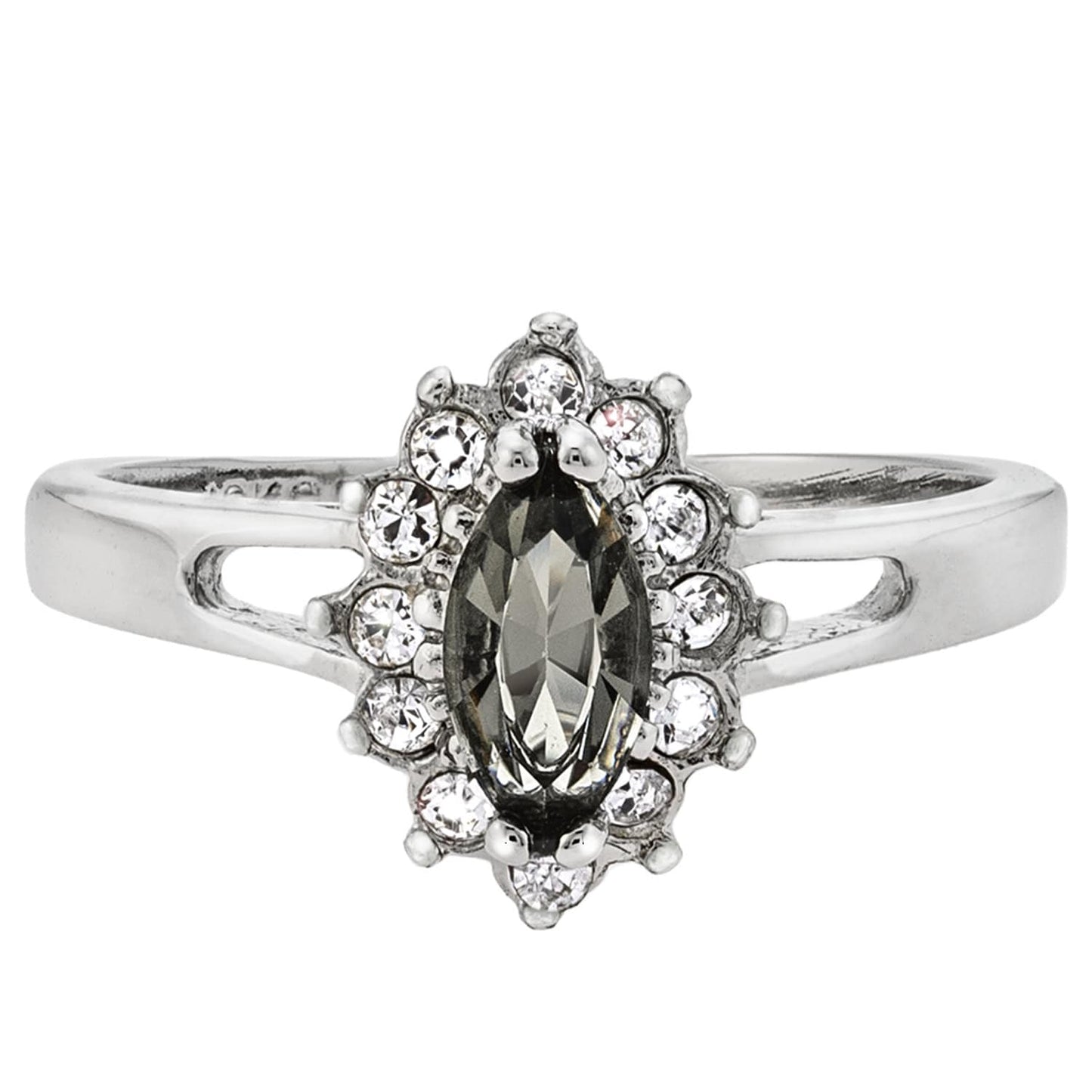 Vintage Ring Black Diamond Engagement Ring and Clear Swarovski Crystals Antique 18kt White Gold Silver Jewelry for Women #R1314