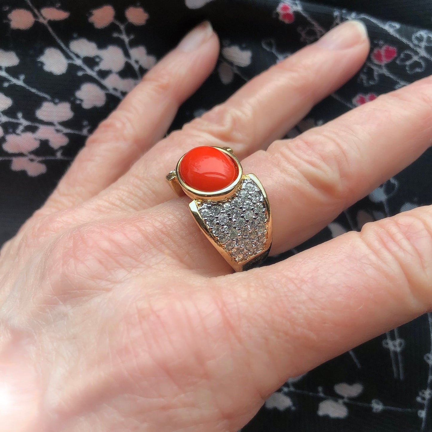 Vintage Ring Genuine Coral and Clear Swarovski Crystal Cocktail Ring 18k Gold Antique Womans Jewelry R1934 - Limited Stock - Never Worn