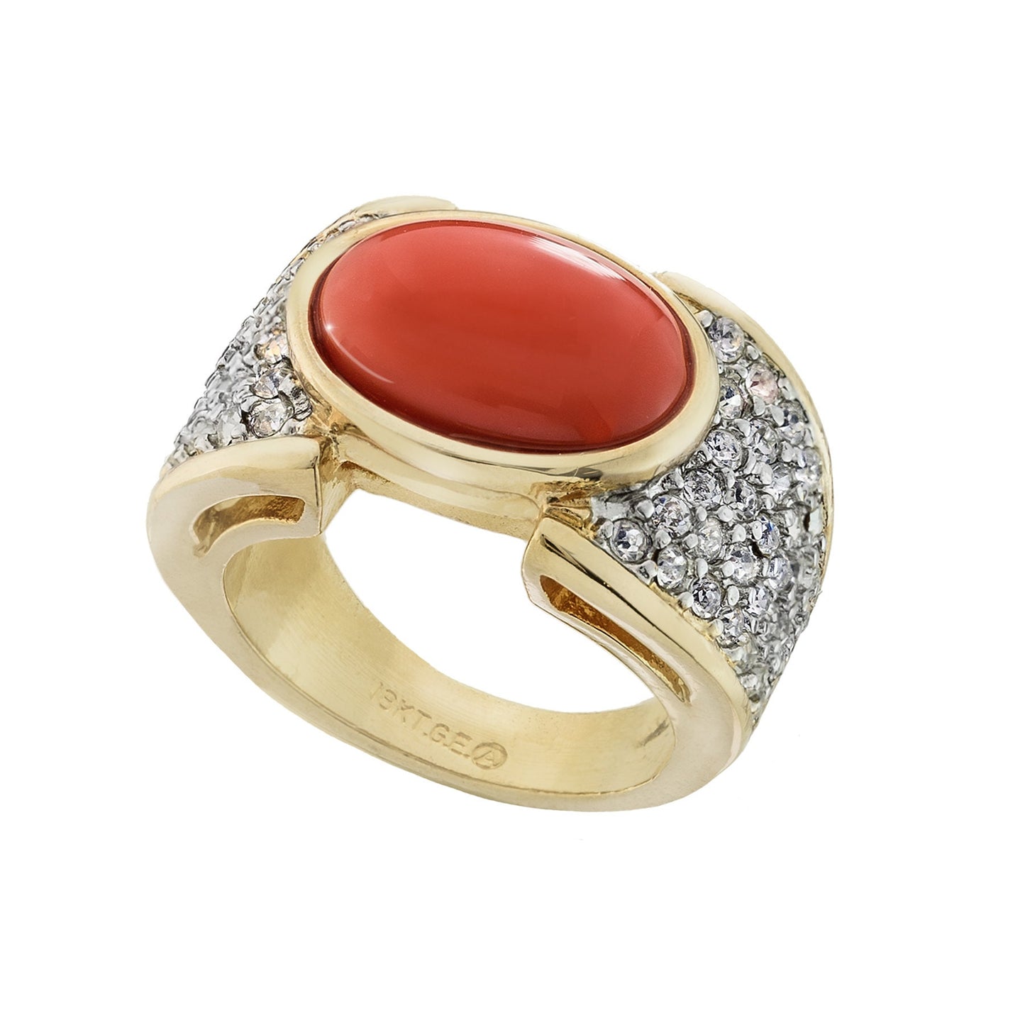 Vintage Ring Genuine Coral and Clear Swarovski Crystal Cocktail Ring 18k Gold Antique Womans Jewelry R1934 - Limited Stock - Never Worn