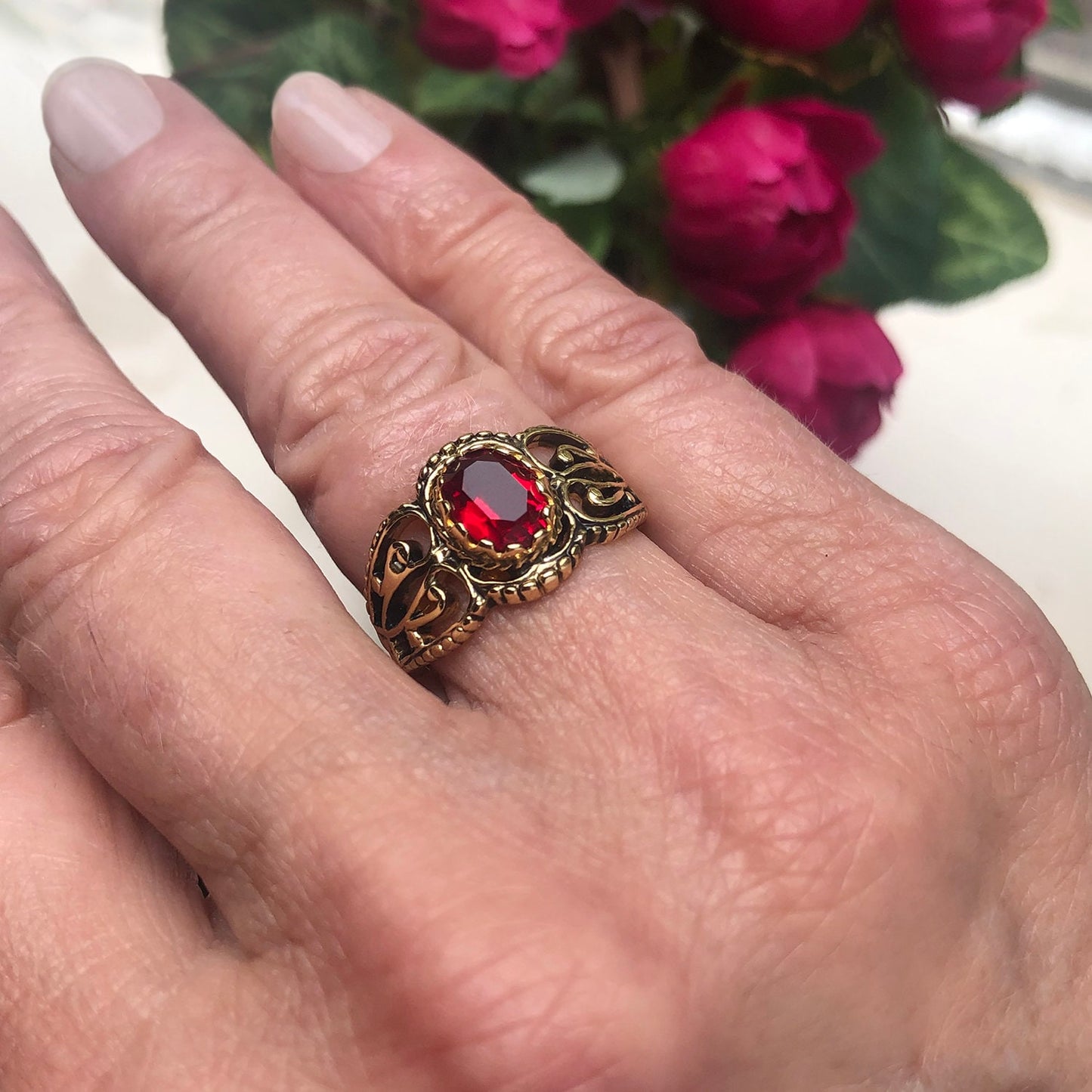 Vintage Ring Ruby Crystal Filigree Ring Antique 18k Gold R142 - Limited Stock - Never Worn