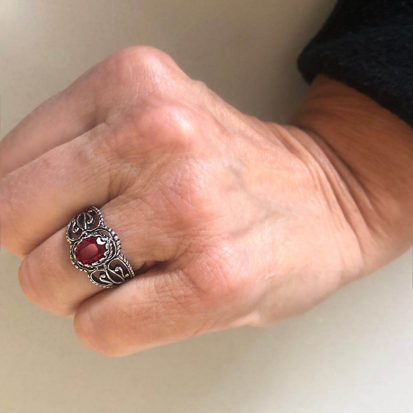 Vintage Ring Ruby Crystal Filigree Ring Antique 18k White Gold Silver R142 Womans Jewelry - Limited Stock - Never Worn