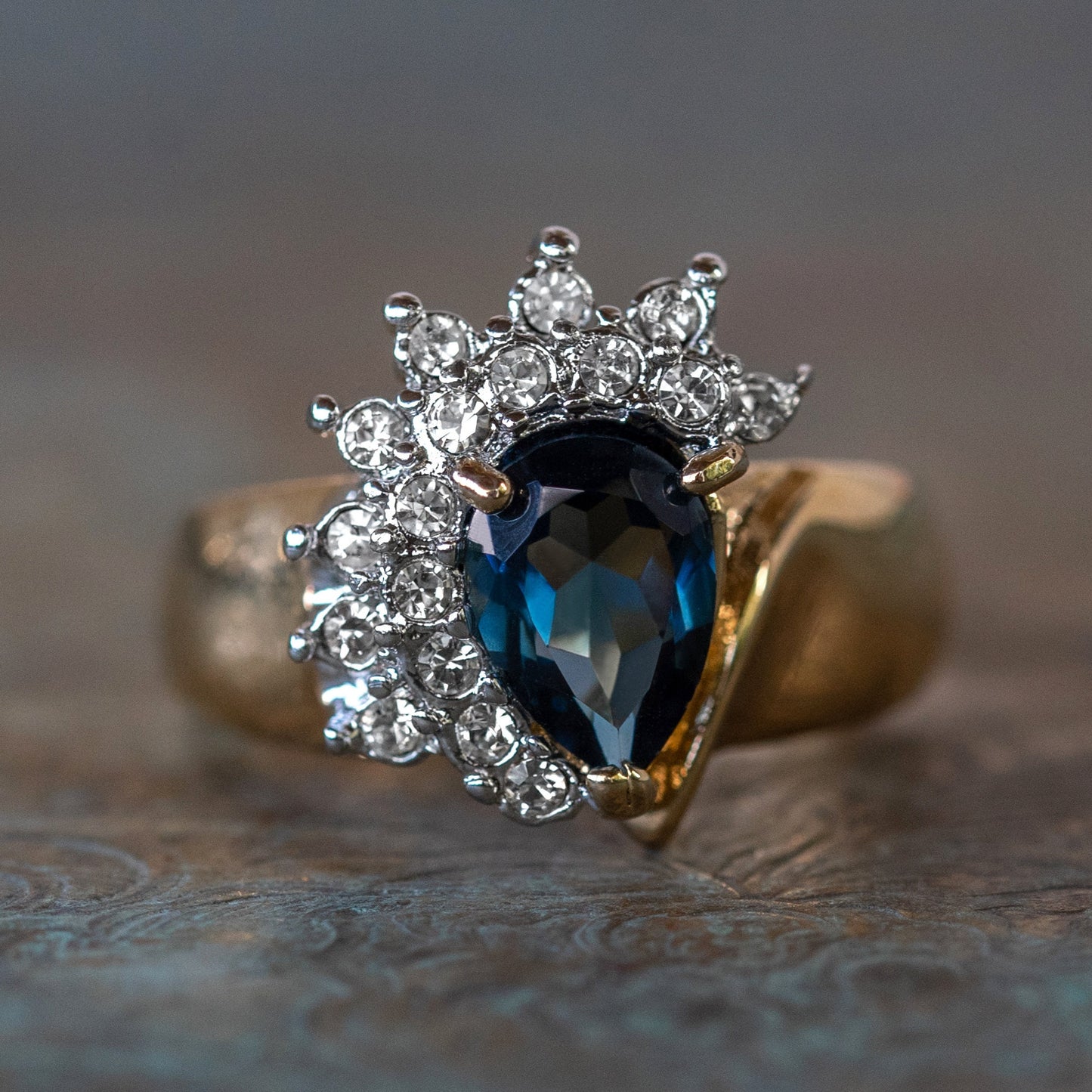 Vintage Ring Sapphire Cubic Zirconia and Clear Swarovski Crystals 18kt Gold Antique Jewelry #R3163-SY - Limited Stock - Never Worn