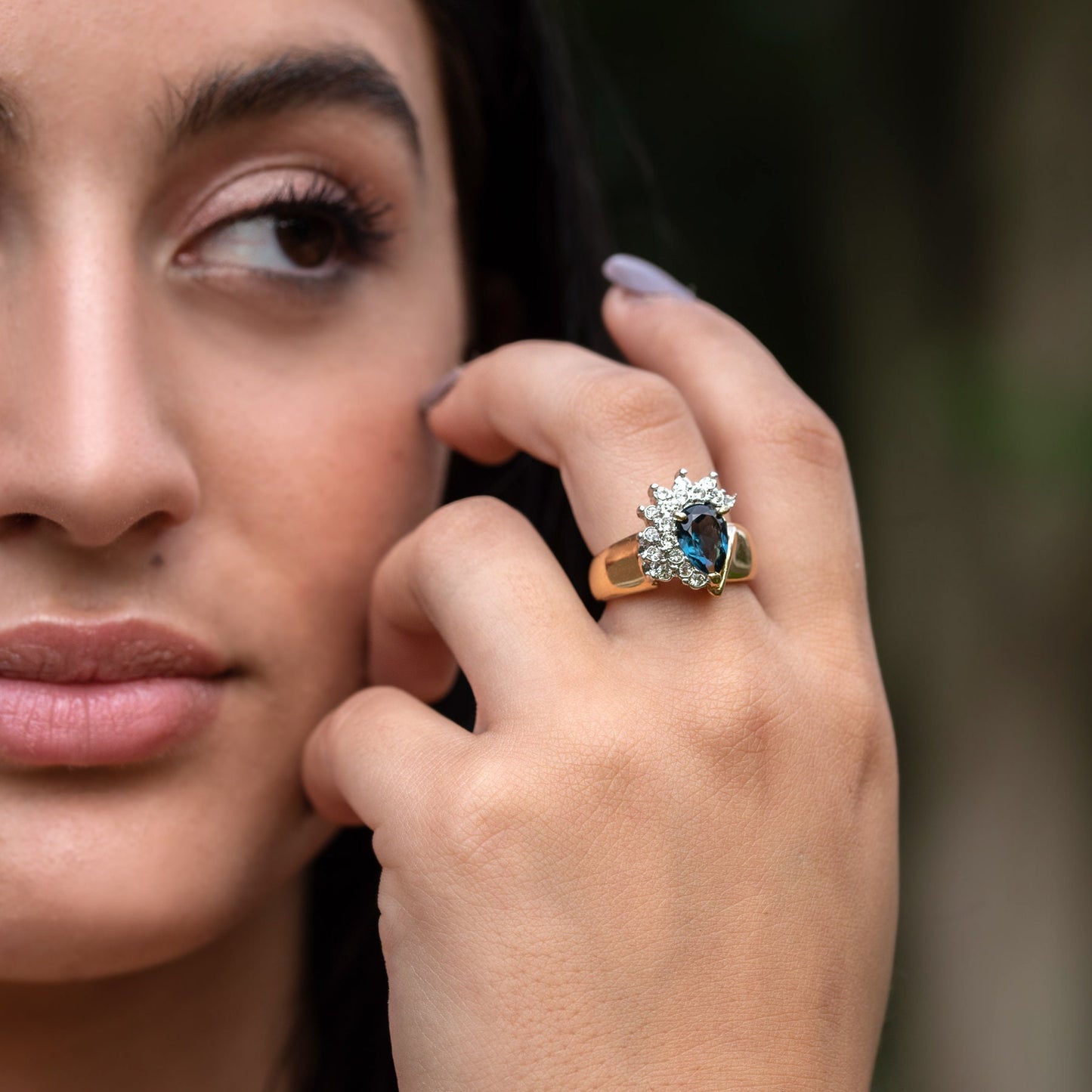Vintage Ring Sapphire Cubic Zirconia and Clear Swarovski Crystals 18kt Gold Antique Jewelry #R3163-SY - Limited Stock - Never Worn