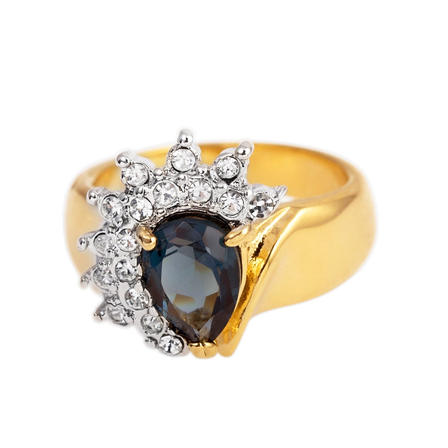 Vintage Ring Sapphire Cubic Zirconia and Clear Swarovski Crystals 18kt Gold Antique Jewelry #R3163-SY - Limited Stock - Never Worn