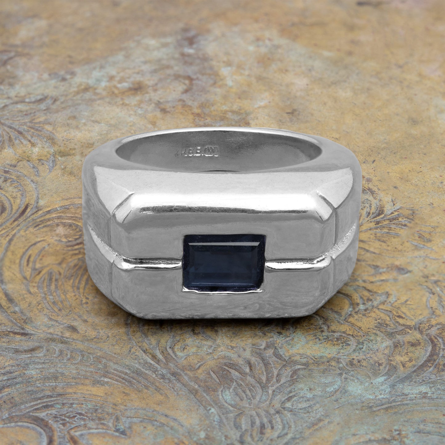 Vintage Ring 1980s Mens Sapphire Crystal 18kt White Gold Silver Plated Antique Ring #R6002-SW