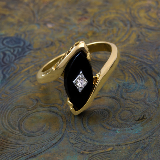 A Vintage Ring Imitation Onyx Ring with Austrian Crystal Antique 18kt Gold Jewelry Womans Handmade Rings #R961 Size: 4