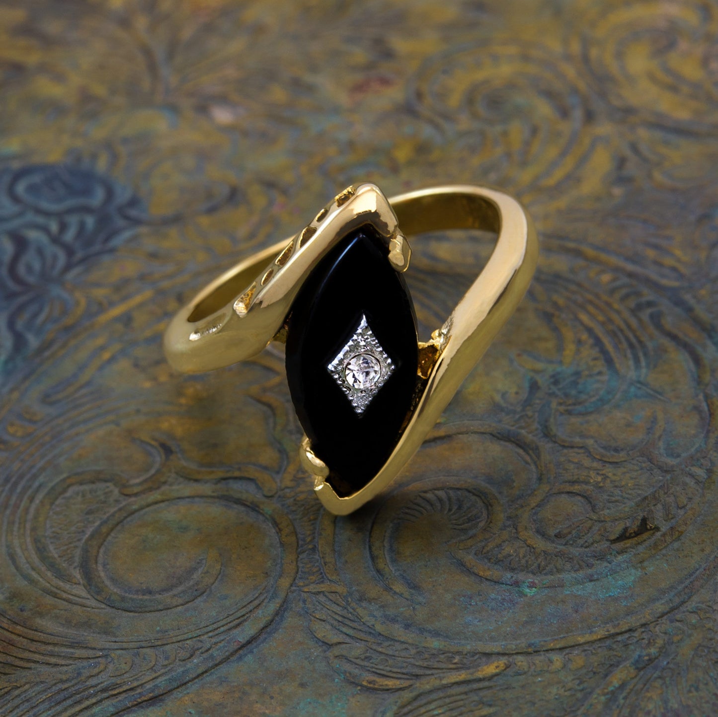 A Vintage Ring Imitation Onyx Ring with Austrian Crystal Antique 18kt Gold Jewelry Womans Handmade Rings #R961 Size: 4