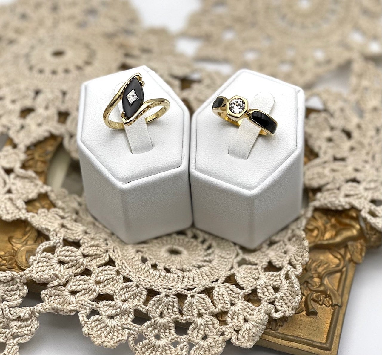A Vintage Ring Imitation Onyx Ring with Austrian Crystal Antique 18kt Gold Jewelry Womans Handmade Rings #R961 - Limited Stock - Never Worn