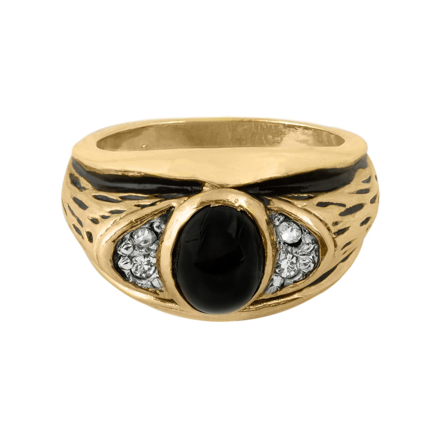 Vintage Ring 1980s Mens Onyx and Austrian Crystal 18kt Gold Plated Antique Ring #R6001