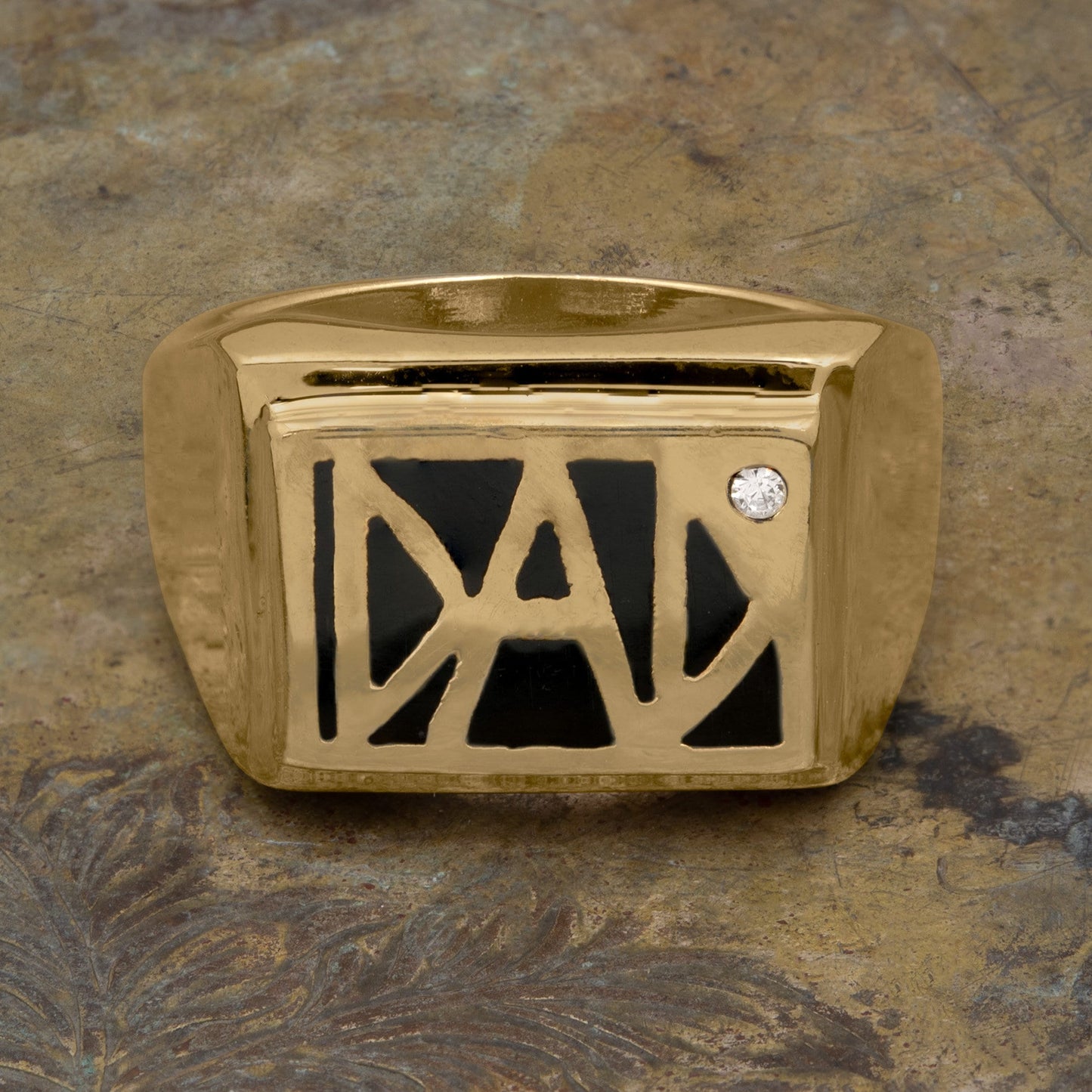 Antique Vintage Ring 1980s Mens DAD Ring Austrian Crystal with Black Enamel Detail 18kt Gold Plated