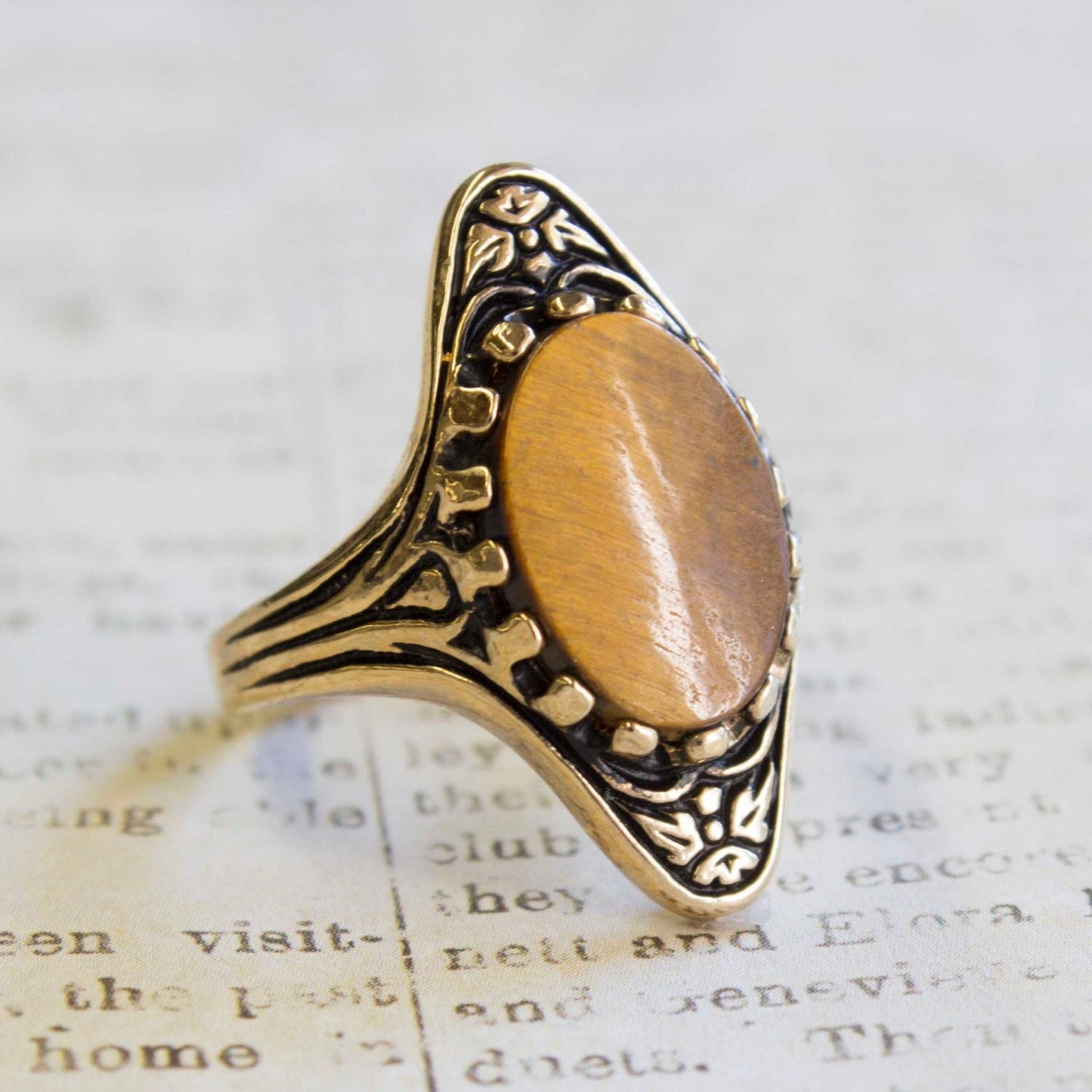 Vintage Ring Hand Painted Blue Rose Porcelain Stone and Austrian Crystals in an 18k Gold Plated Setting #R714-B Size 7 Only