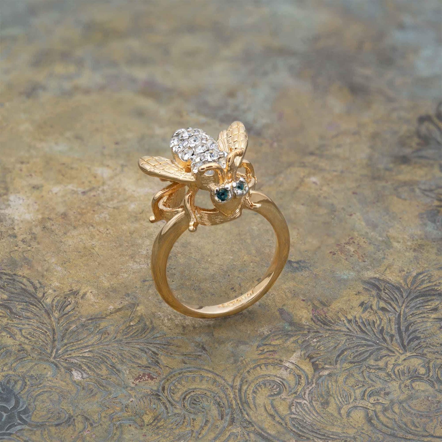 Vintage Bee Ring Ruby and Clear Austrian Crystals 18kt Gold #R785 Antique Rings