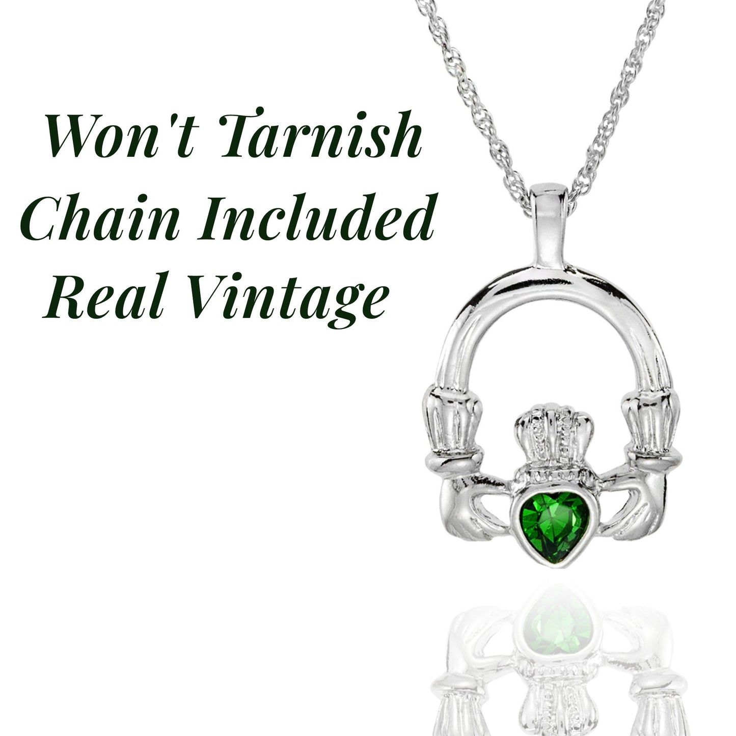 Vintage Claddagh Necklace Green Tourmaline Swarovski Heart Crystal 18k White Gold Silver Made in the USA N3099