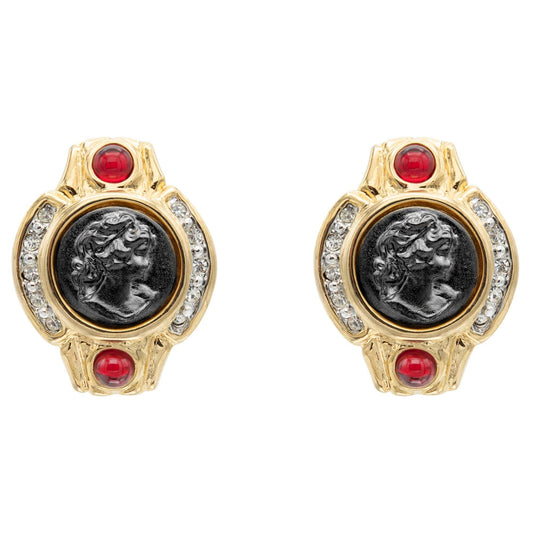 Vintage Antique Gold Earrings Black Roman Collectable Coin Ruby and Clear Crystals Womans Handmade E4089-CB - Limited Stock - Never Worn