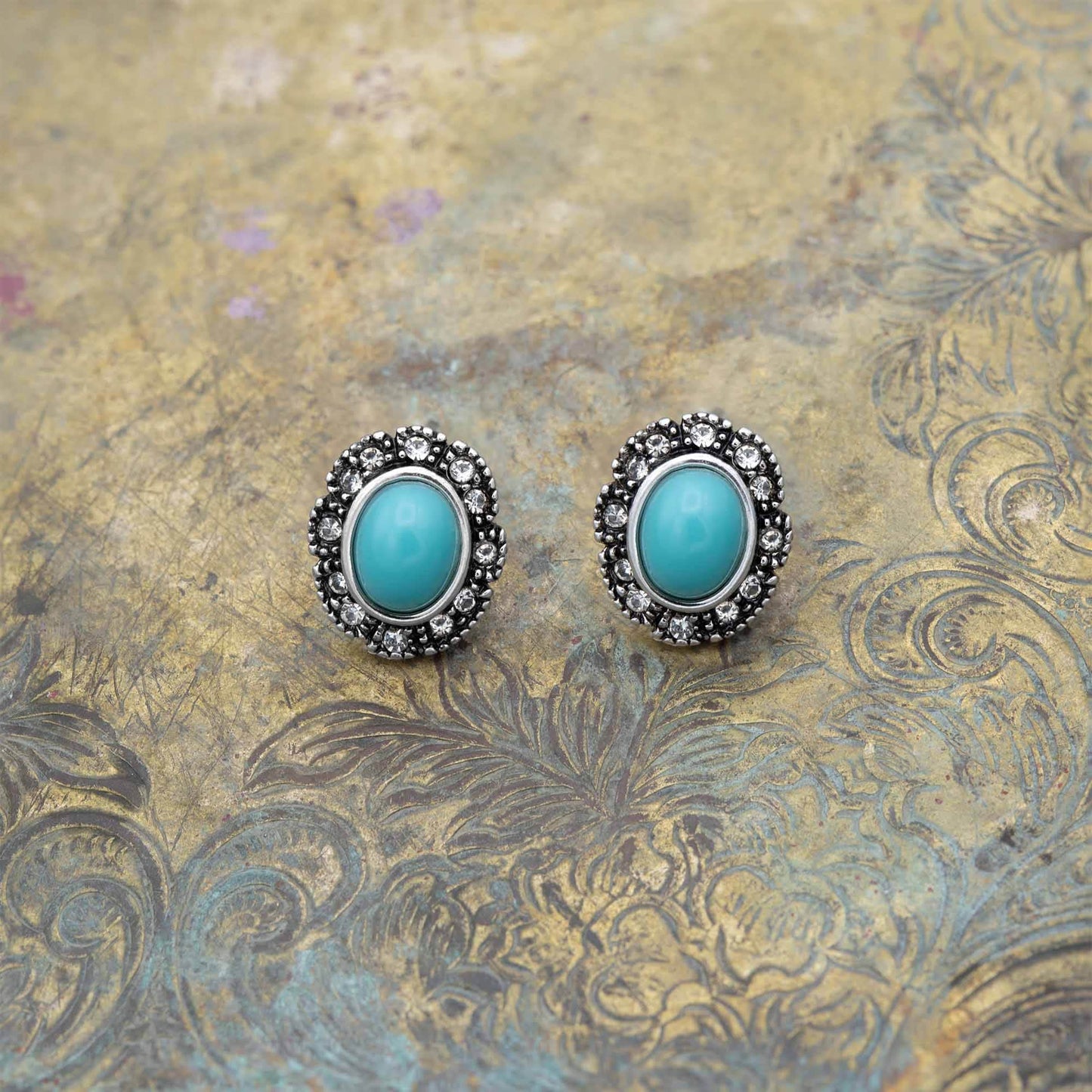 Vintage Turquoise Clear Austrian Crystal Post Earrings Antique White Gold Silver Plated Womans Handmade Jewlery E2425-TQ - Limited Stock
