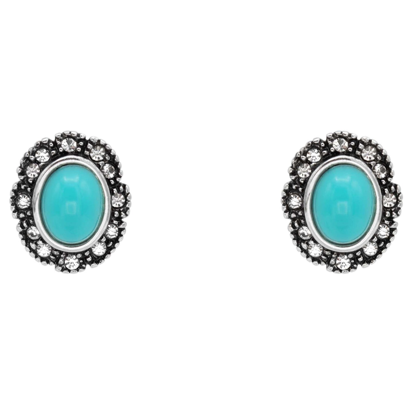 Vintage Turquoise Clear Austrian Crystal Post Earrings Antique White Gold Silver Plated Womans Handmade Jewlery E2425-TQ - Limited Stock