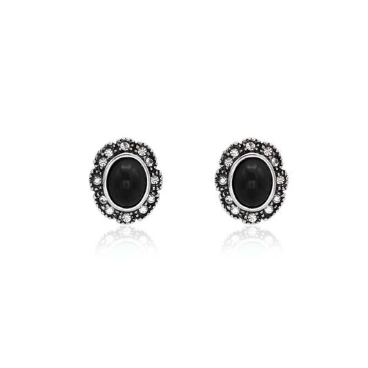 Vintage Black Onyx and Clear Austrian Crystal Post Earrings Antique White Gold Silver Plating Jewelry E2425-OW - Limited Stock - Never Worn