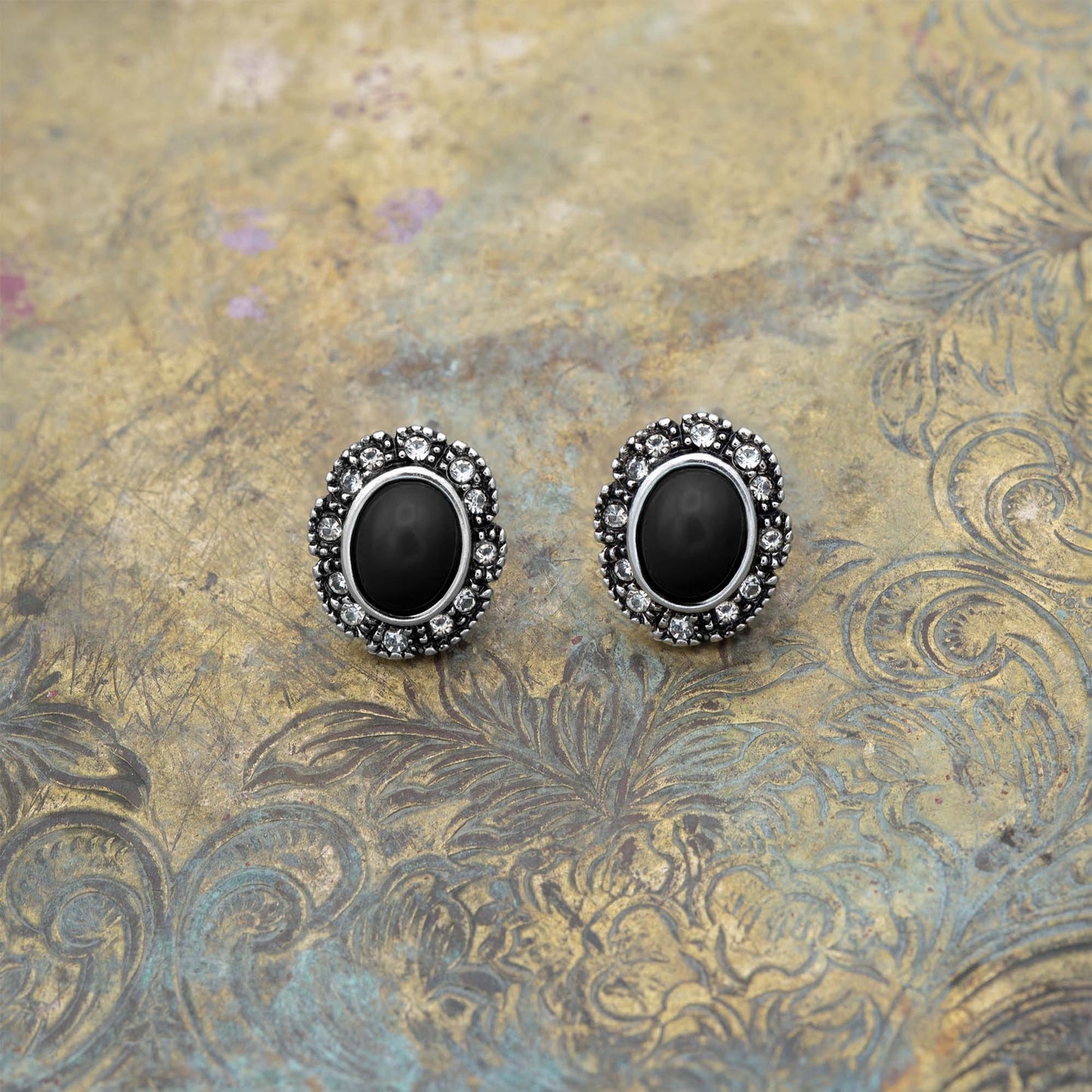 Vintage Black Onyx and Clear Austrian Crystal Post Earrings Antique White Gold Silver Plating Jewelry E2425-OW - Limited Stock - Never Worn