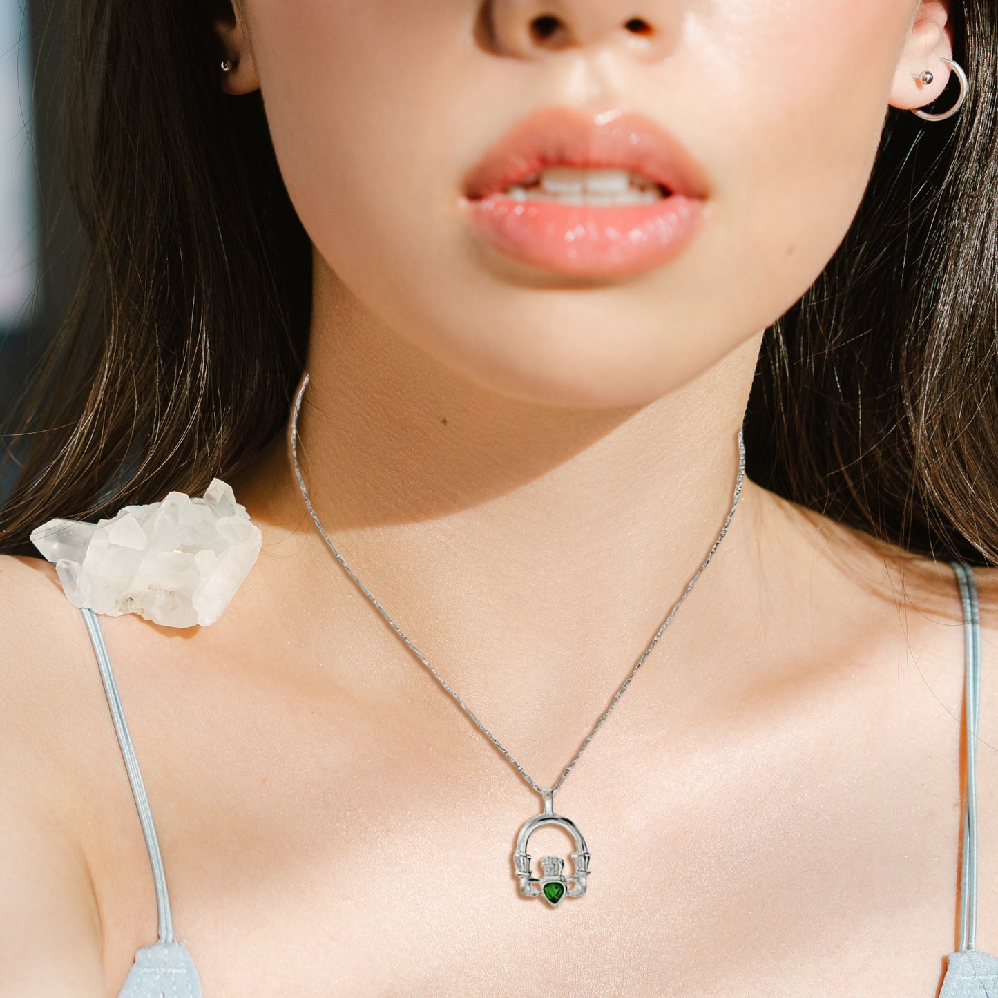 Vintage Claddagh Necklace Green Tourmaline Swarovski Heart Crystal Antique 18k Gold Made in the USA N3099