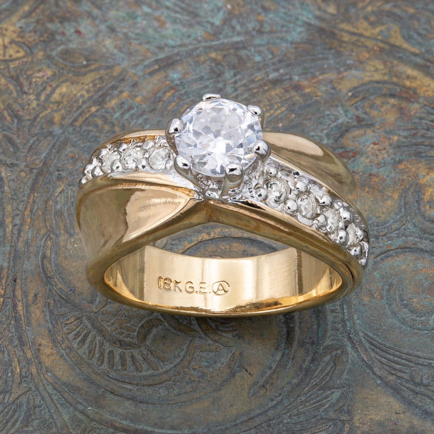 Vintage Ring Cubic Zirconia Solitaire Engagement Style Ring 18KT Gold Antique Womans Jewelry #R3139 - Limited Stock - Never Worn