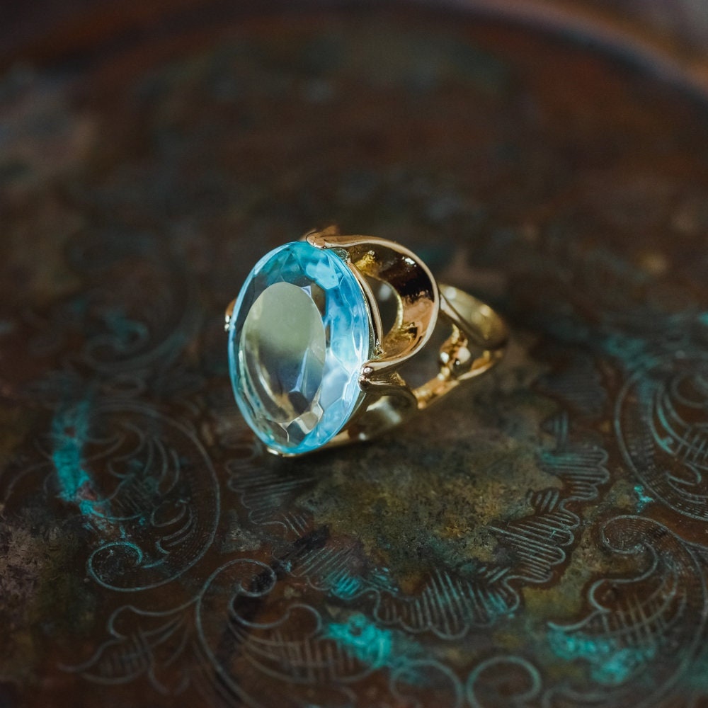 Vintage Ring Cocktail Ring Aquamarine Oval Cut Swarovski Crystal 18k Gold Womans Jewelry Handmade #R419 - Limited Stock - Never Worn