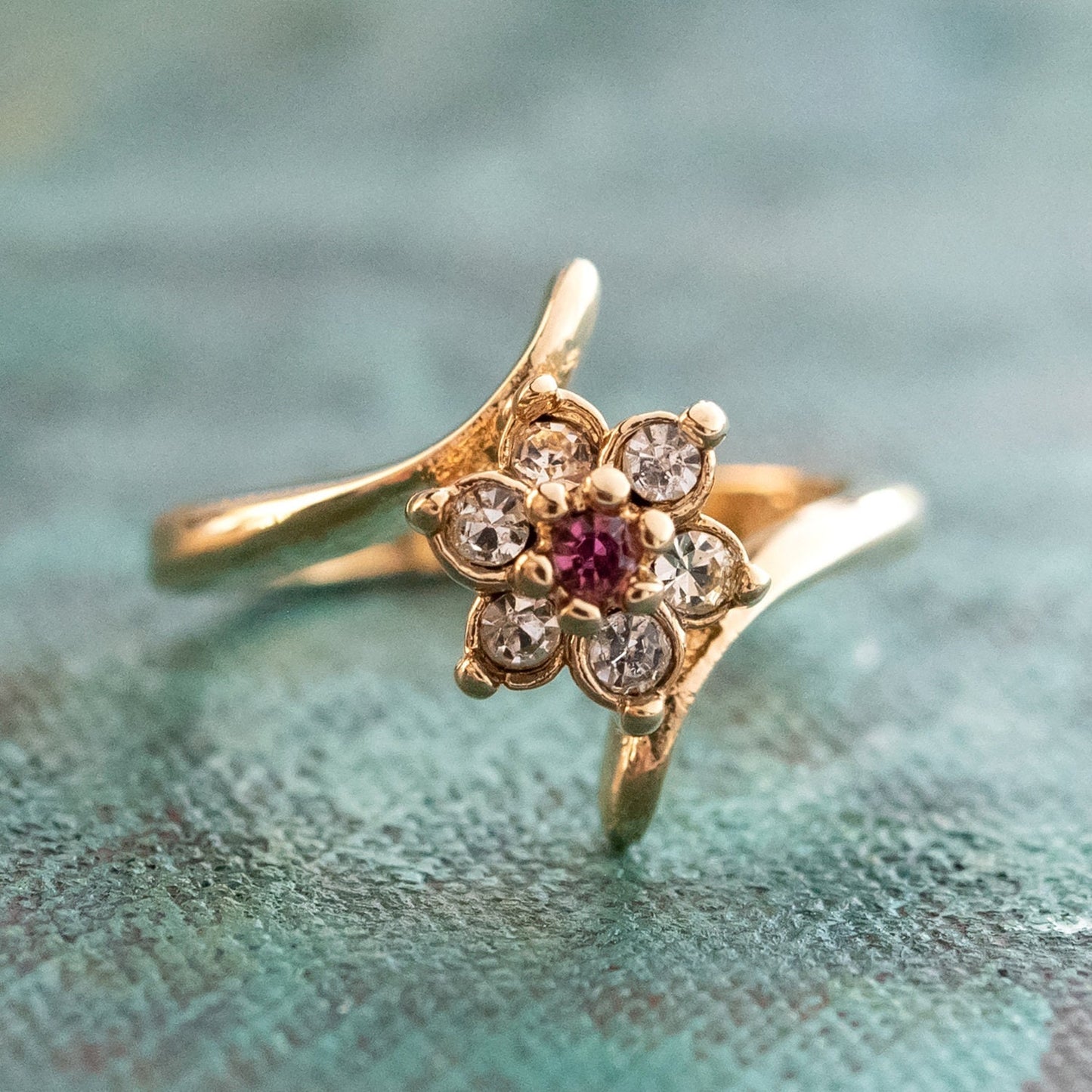Vintage Ring 1970's Pink Tourmaline and Clear Swarovski Crystal Ring 18kt Gold Ring Size 7 only R842 - Limited Stock - Never Worn