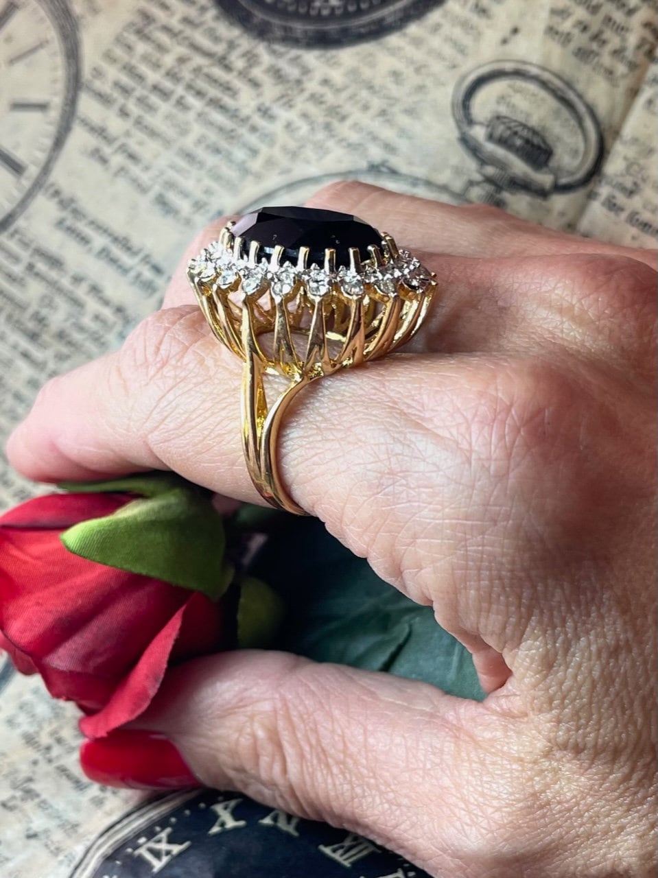 Vintage Ring Black Clear Swarovski Crystal Cocktail Ring 18k Gold Big Victorian Statement Handmade Jewelry R618 - Limited Stock - Never Worn