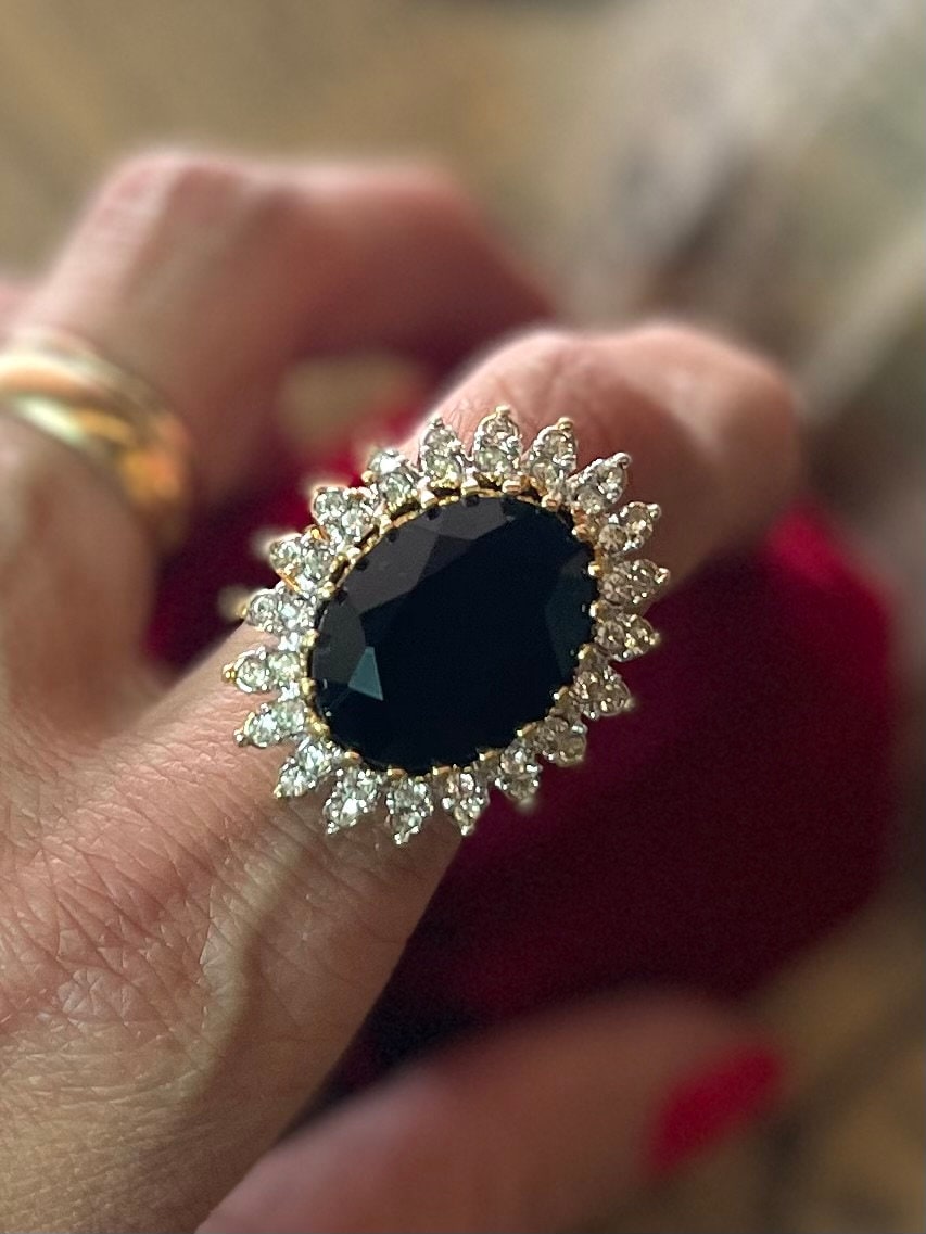 Vintage Ring Black Clear Swarovski Crystal Cocktail Ring 18k Gold Big Victorian Statement Handmade Jewelry R618 - Limited Stock - Never Worn