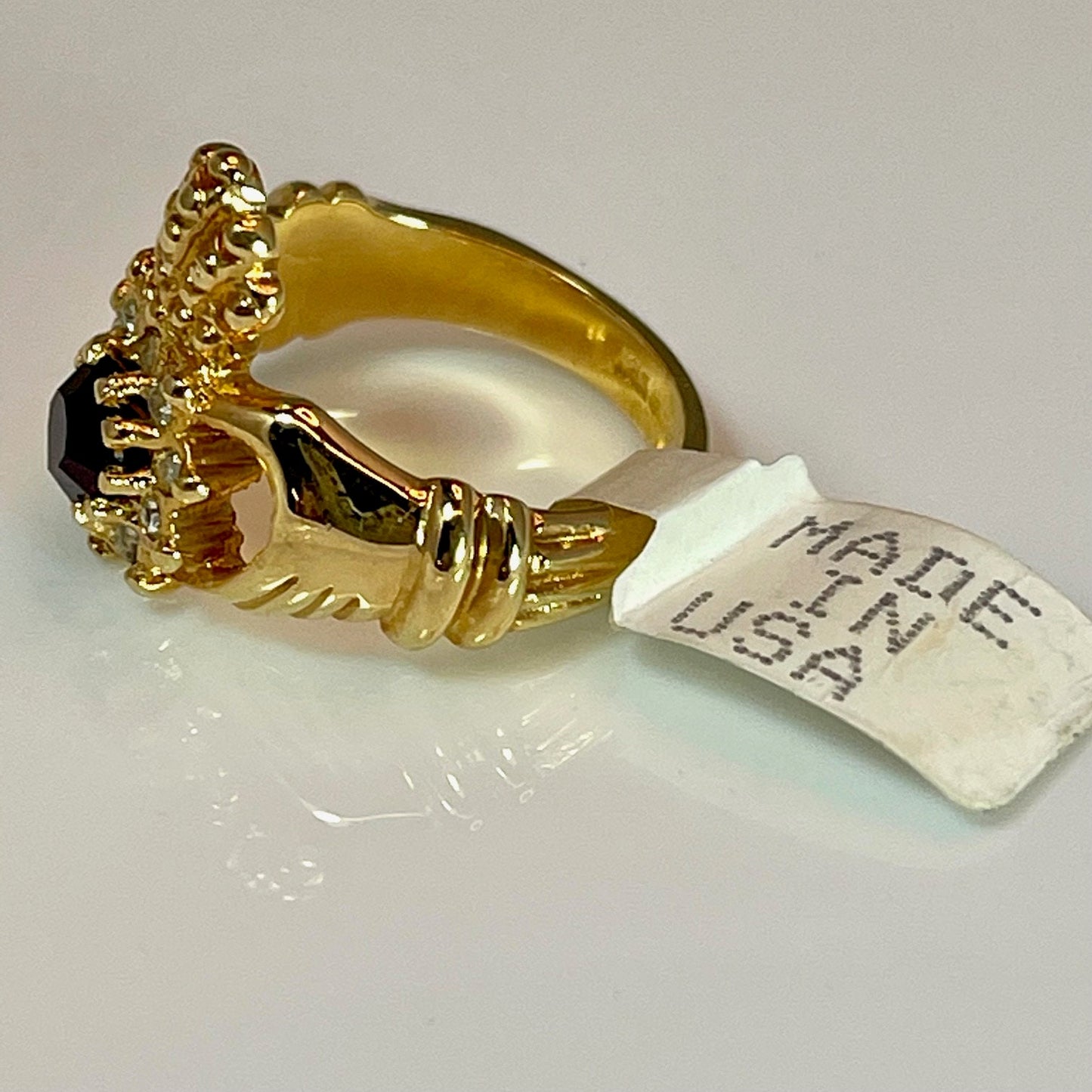 Vintage 1970s Irish Claddagh Garnet Austrian Crystal 18k Yellow Gold Electroplated Made in USA #R3486