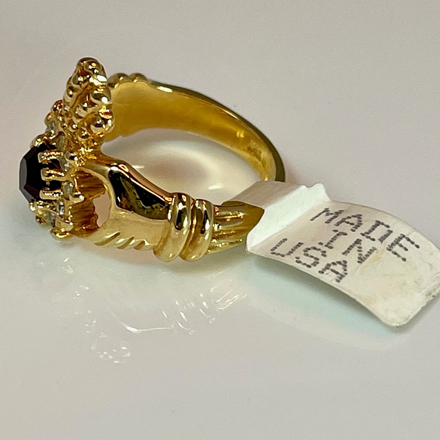 Vintage 1970s Irish Claddagh Garnet Austrian Crystal 18k Yellow Gold Electroplated Made in USA #R3486