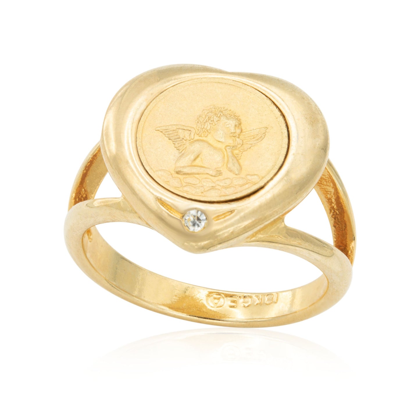 Vintage Heart Shaped Angel Coin Ring 18k Gold Electroplated with Diamond Chip Handcrafted #R3255-G Size: 5
