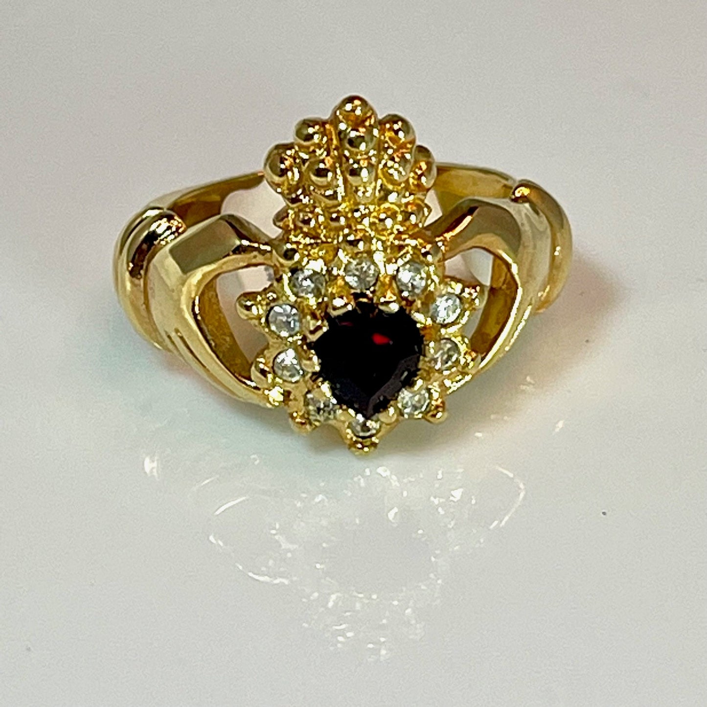 Vintage 1970s Irish Claddagh Garnet Austrian Crystal 18k Yellow Gold Electroplated #R3486