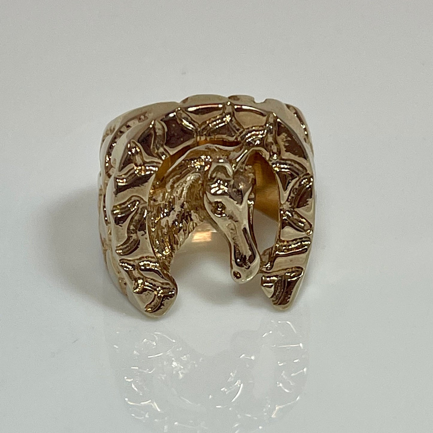 Vintage Mens Nugget Horse in Horseshoe Equestrian Ring 18k Gold Electroplated Handcrafted #R2451