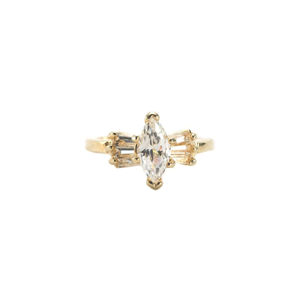 Vintage Ring 1980s 18k Gold Plated Marquis Shaped Cubic Zirconia Engagement Ring Womans Antique #R3078 - Limited Stock - Never Worn