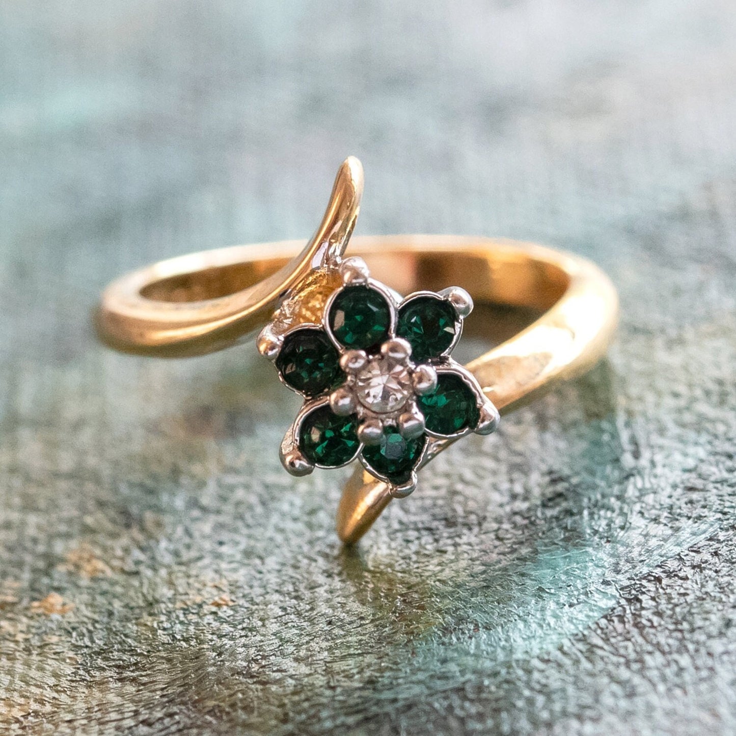 A Vintage Ring 1970's Emerald and Swarovski Crystal Ring 18kt Gold Flower Ring Jewelry Handmade for Women R842 - Limited Stock - Never Worn