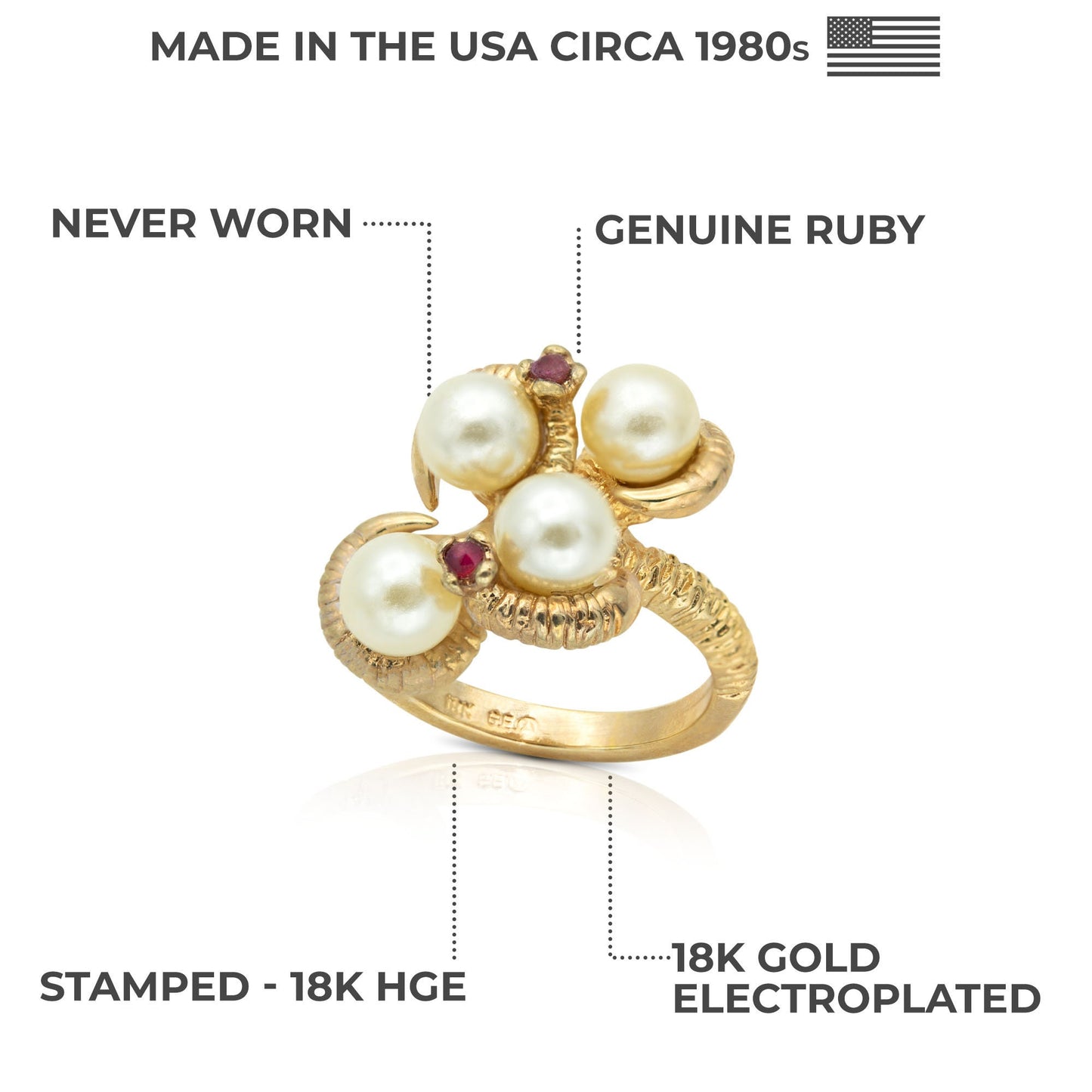 A Vintage Pearl Beads with Genuine Ruby Accents 18k Gold Electroplated Made in USA #R768