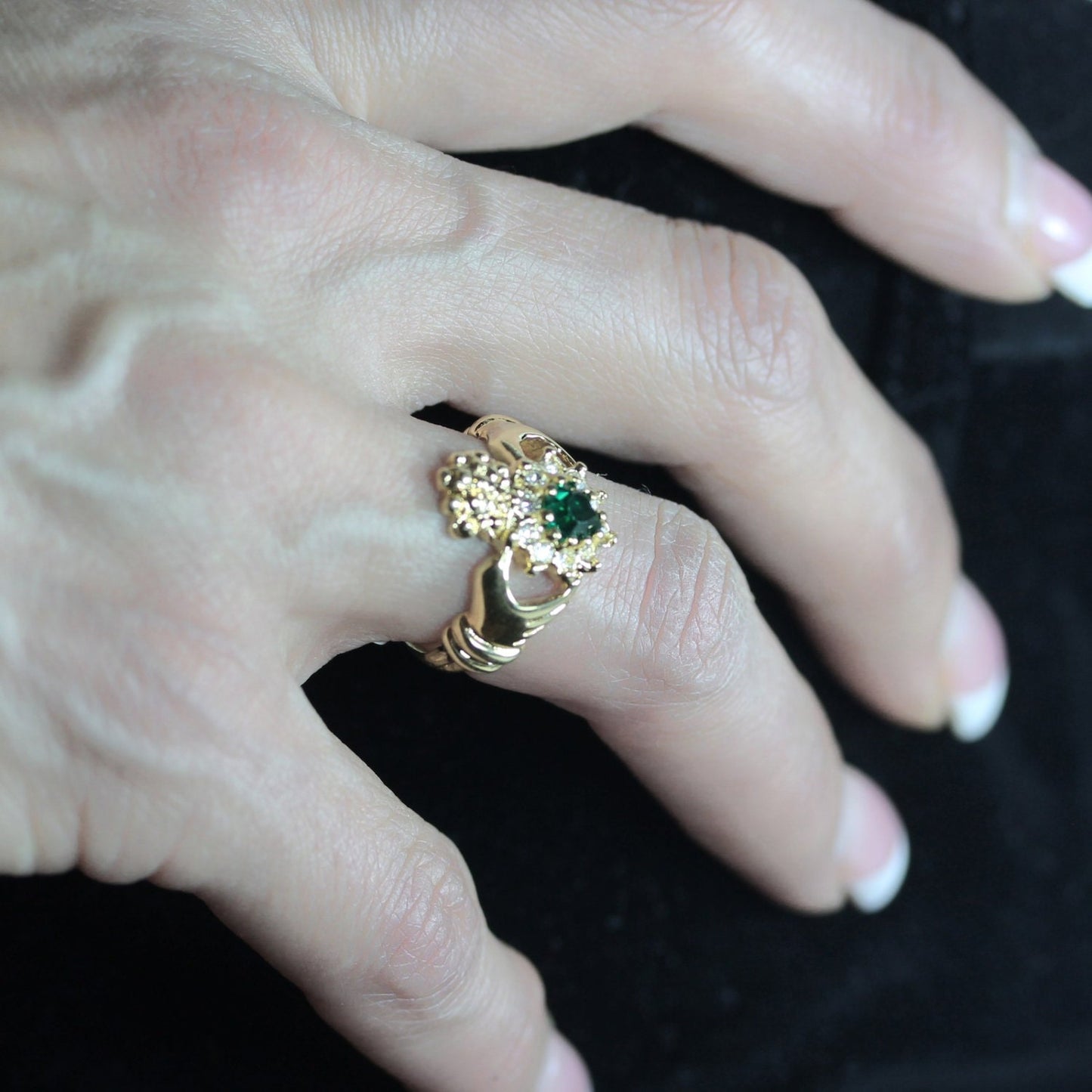 Vintage 1970s Irish Claddagh Garnet Austrian Crystal 18k Yellow Gold Electroplated Made in USA #R3486