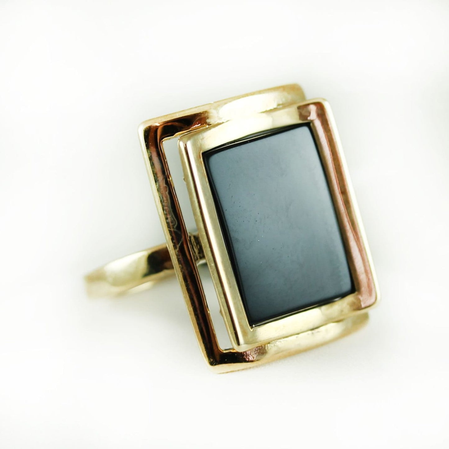 Vintage Ring 1970s Genuine Onyx Rhodium Plated Silver Tone Cocktail Ring #R327