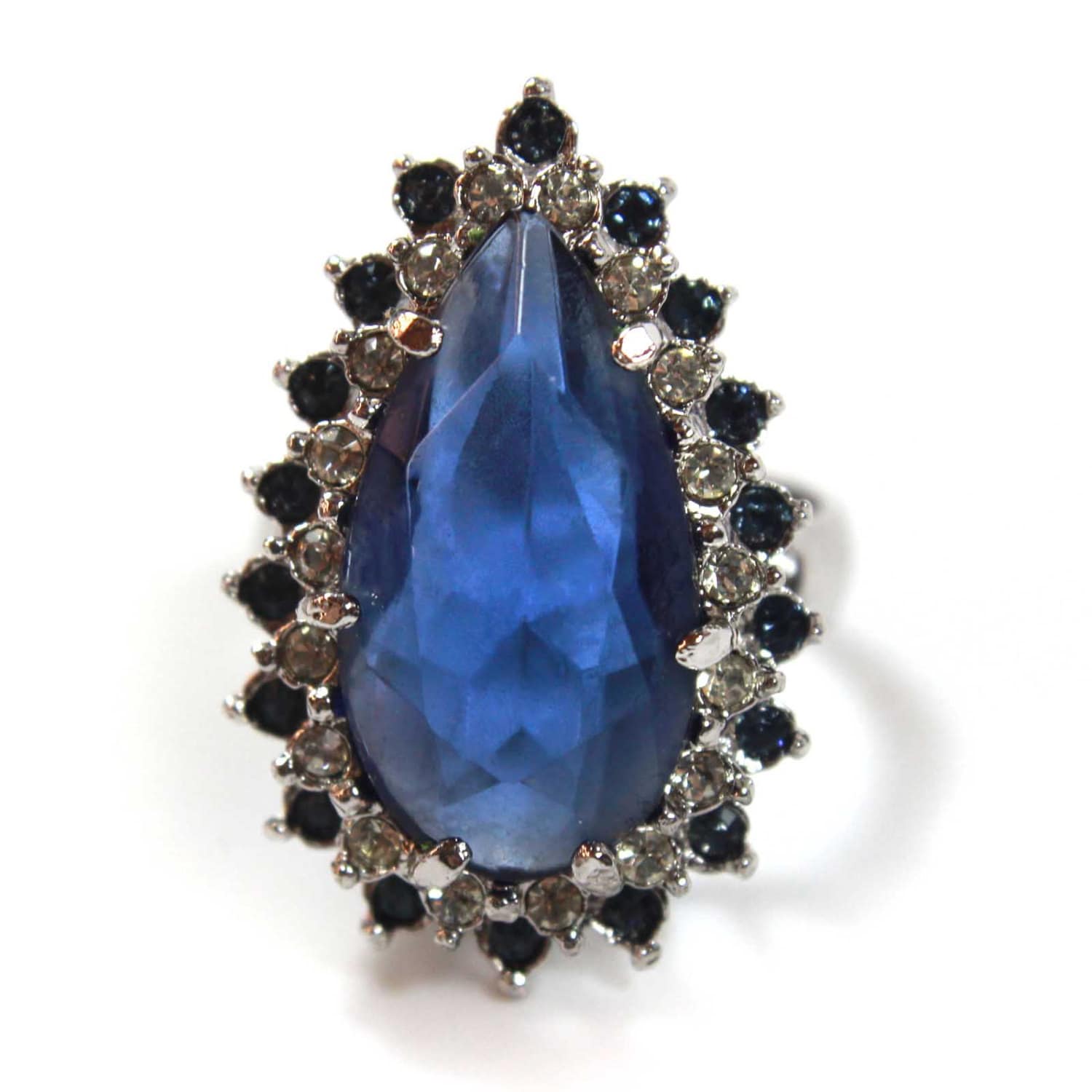 Vintage Ring Teardrop Ring Sapphire and Clear Swarovski Crystals 18k White Gold Silver  #R212 - Limited Stock - Never Worn