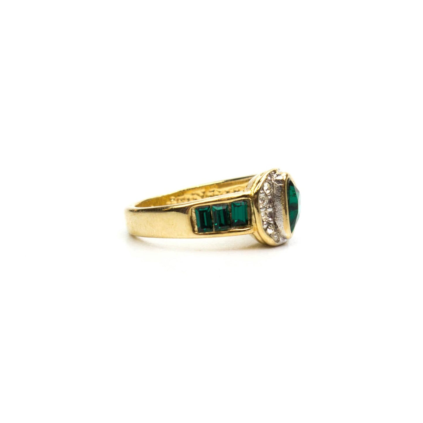 Vintage Ring Pave Trillion Cut Emerald and Clear Swarovski Crystal Ring 18k Gold Antique Womans Jewlery R2932 - Limited Stock - Never Worn
