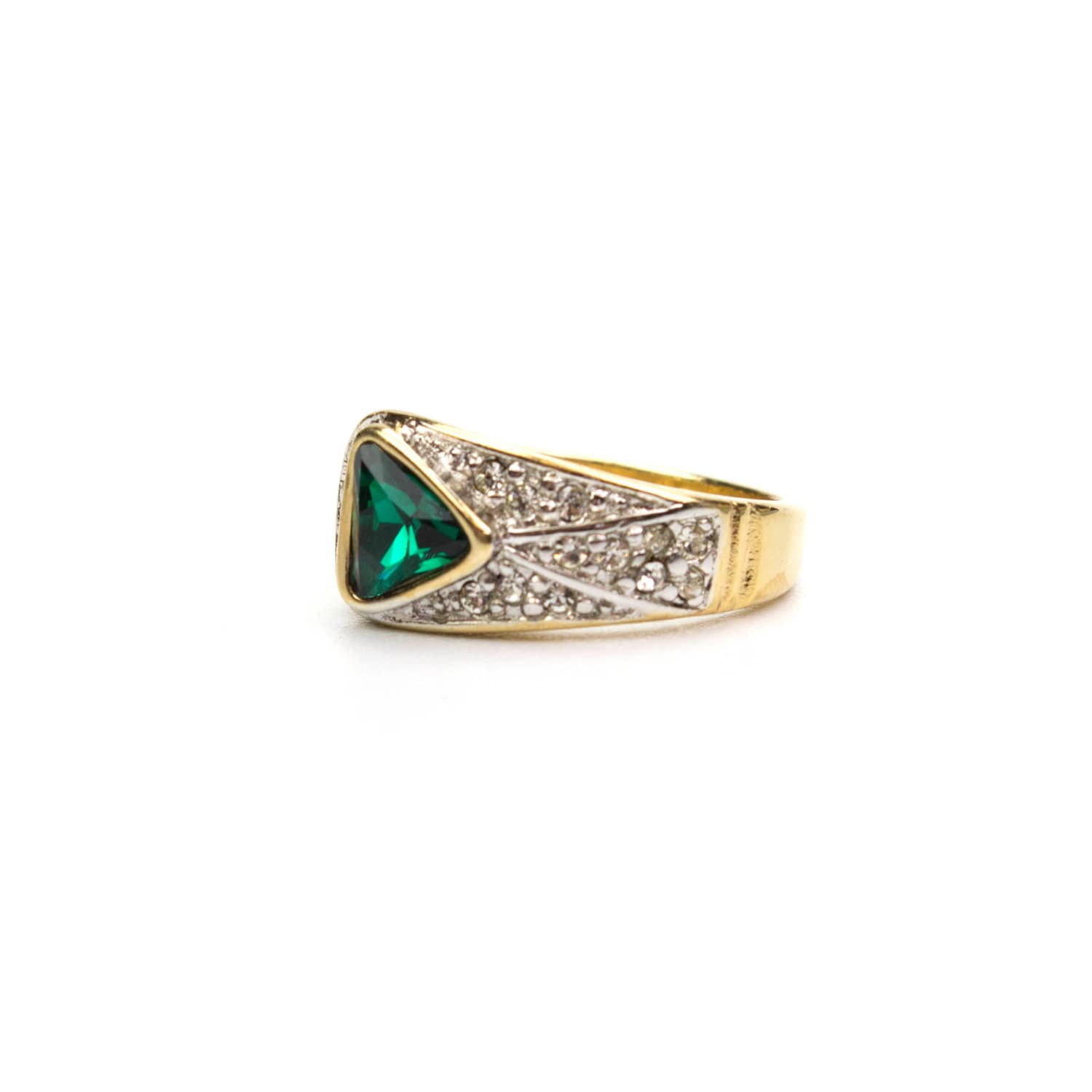 Vintage Ring Pave Trillion Cut Emerald and Clear Swarovski Crystal Ring 18k Gold Antique Womans Jewlery R2932 - Limited Stock - Never Worn