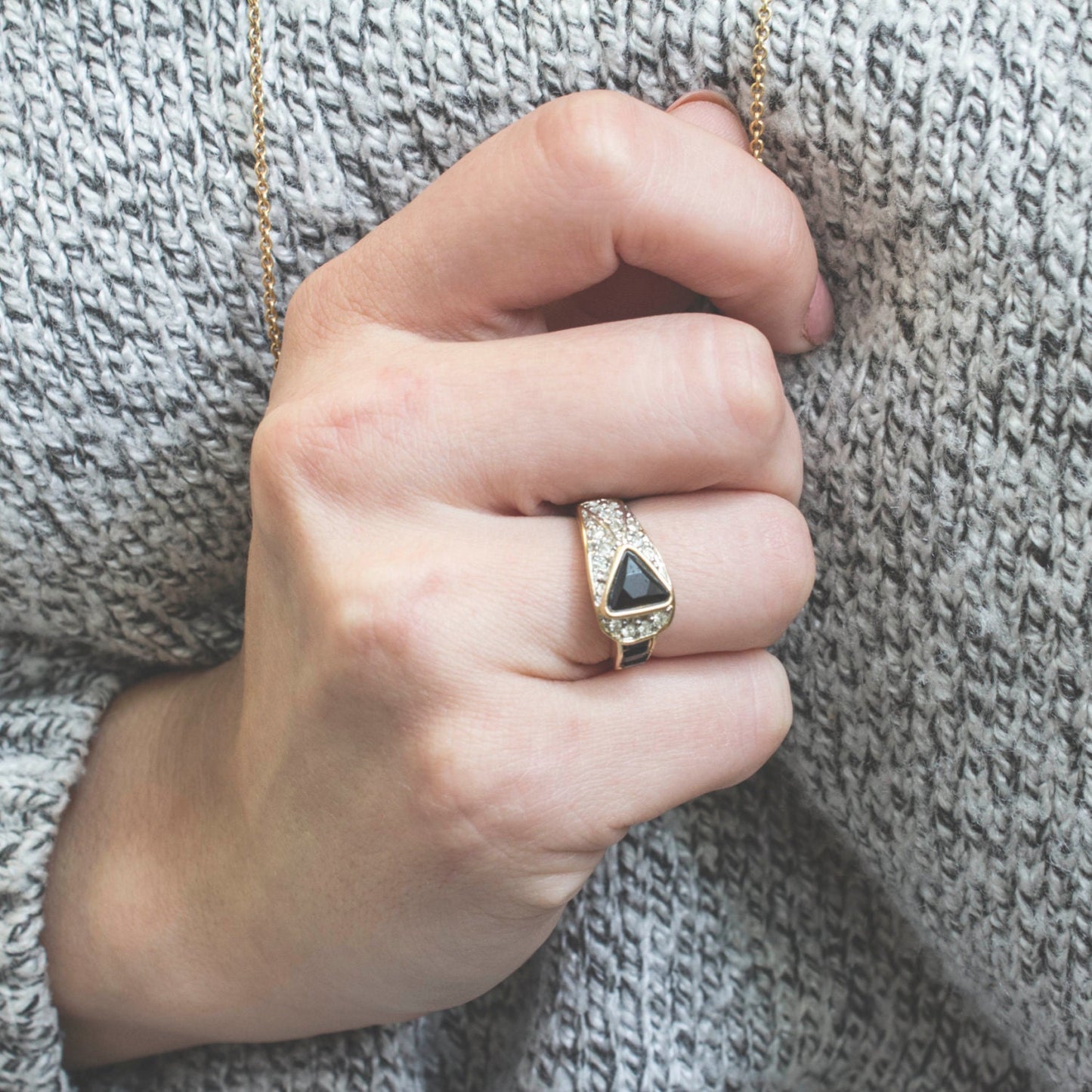 Vintage Ring Pave Trillion Cut Black and Clear Swarovski Crystals 18k Gold R2932 - Limited Stock - Never Worn