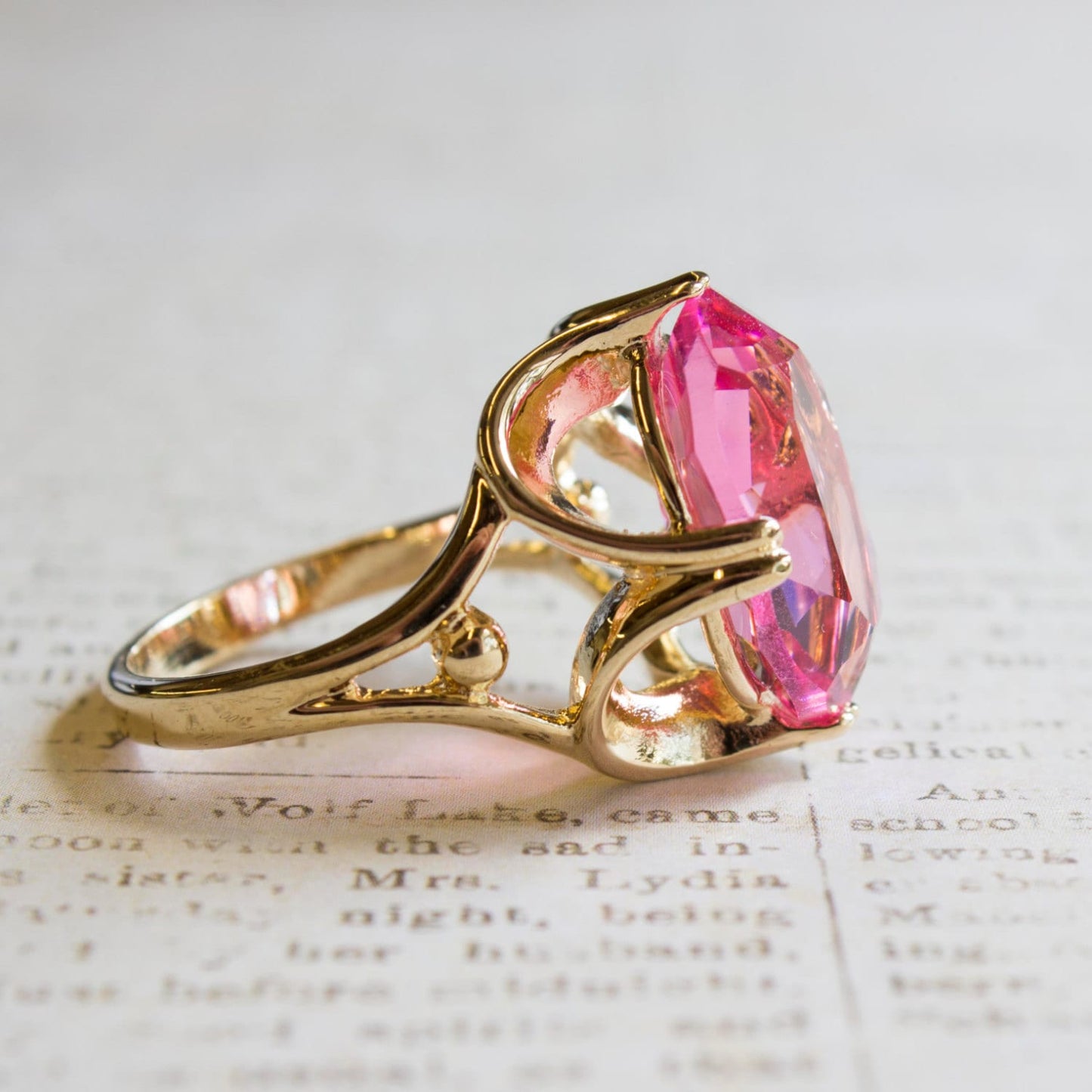 A Vintage Ring 1970s Cocktail Ring with Rose Swarovski Crystal 18k Gold Antique Womans Jewelry Rings Size #R419 - Limited Stock - Never Worn